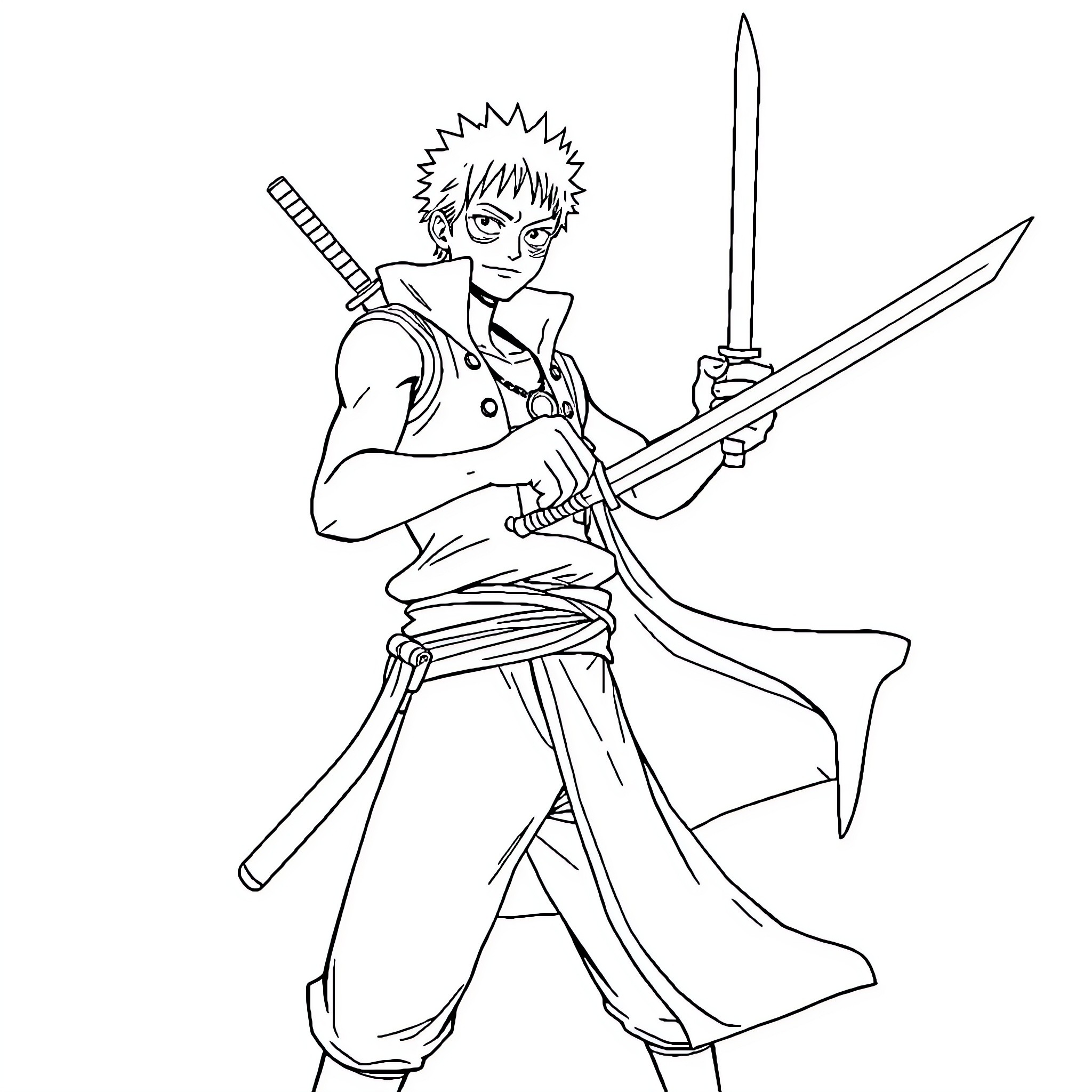 Zoro brandishing swords in battle stance Coloring Page (free black-and-white line drawing printable PDF for all, from beginners to advanced learners, including children, teens, adults, and seniors)