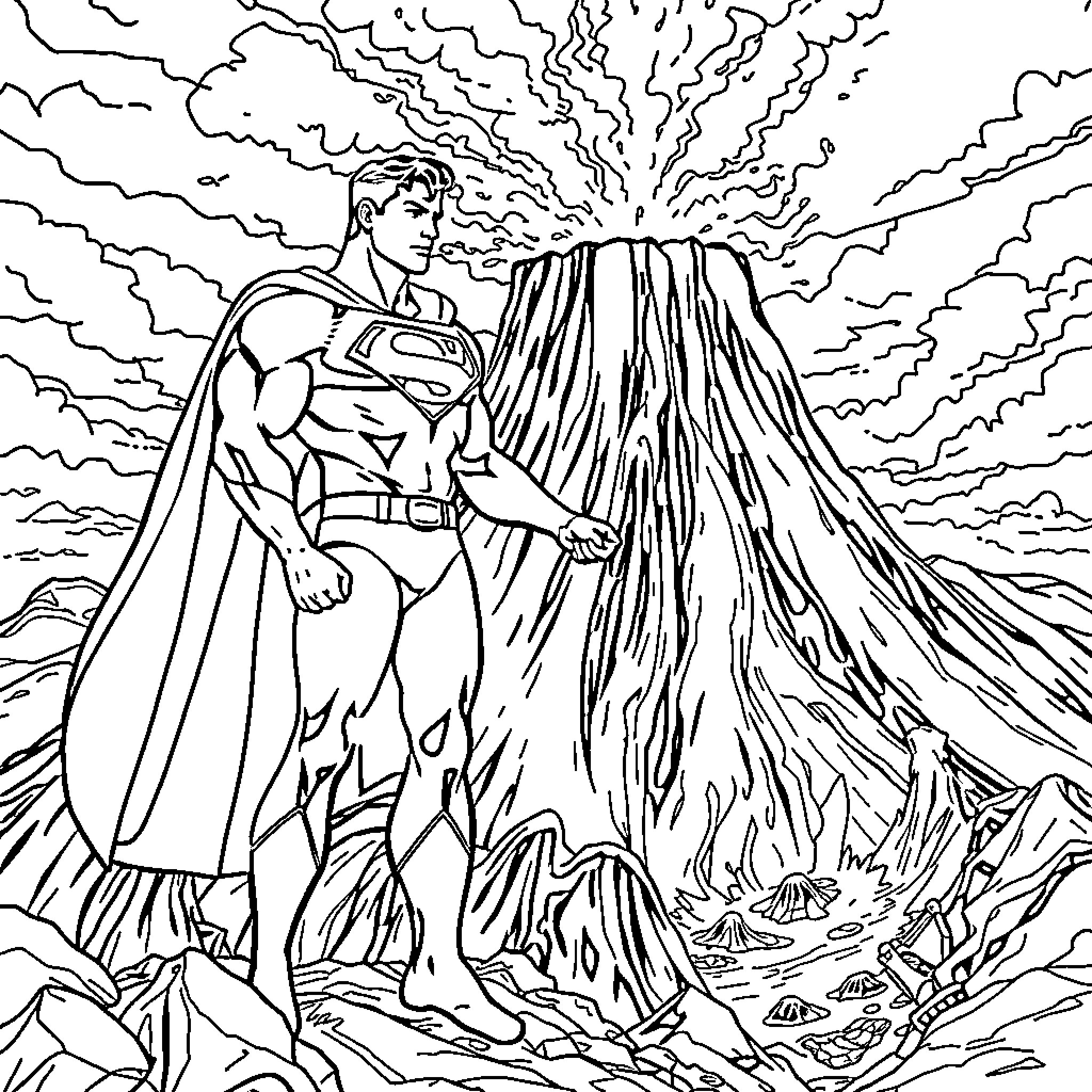 Superman unleashing his powers in a dramatic storm Coloring Page (free black-and-white line drawing printable PDF for all, from beginners to advanced learners, including children, teens, adults, and seniors)