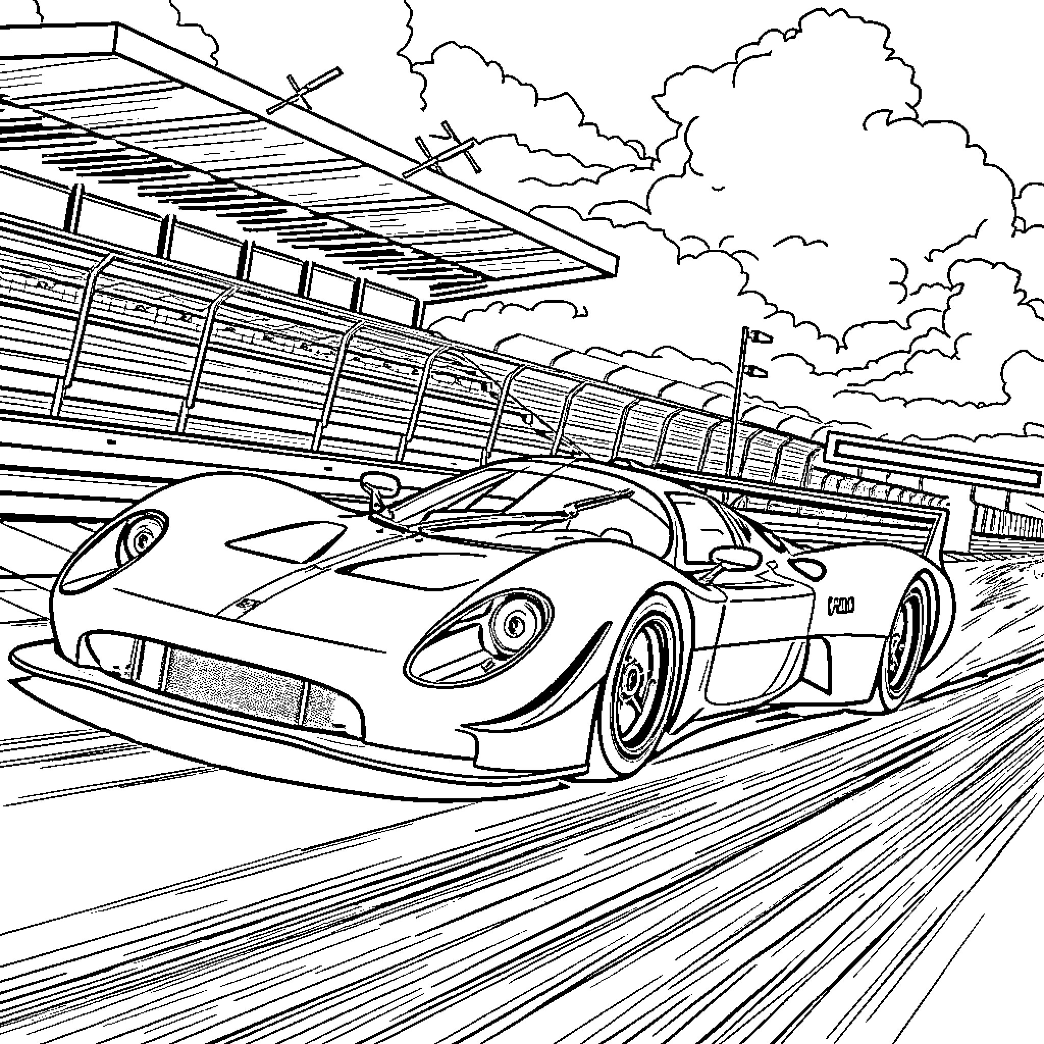 Racing Car Speeding on Race Track with Clouds Coloring Page (free black-and-white line drawing printable PDF for all, from beginners to advanced learners, including children, teens, adults, and seniors)