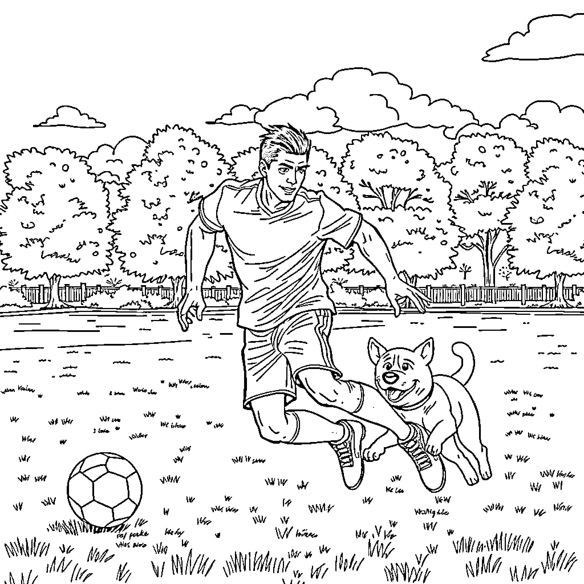 John Cena playing soccer with his dog in the park Coloring Page (free black-and-white line drawing printable PDF for all, from beginners to advanced learners, including children, teens, adults, and seniors)