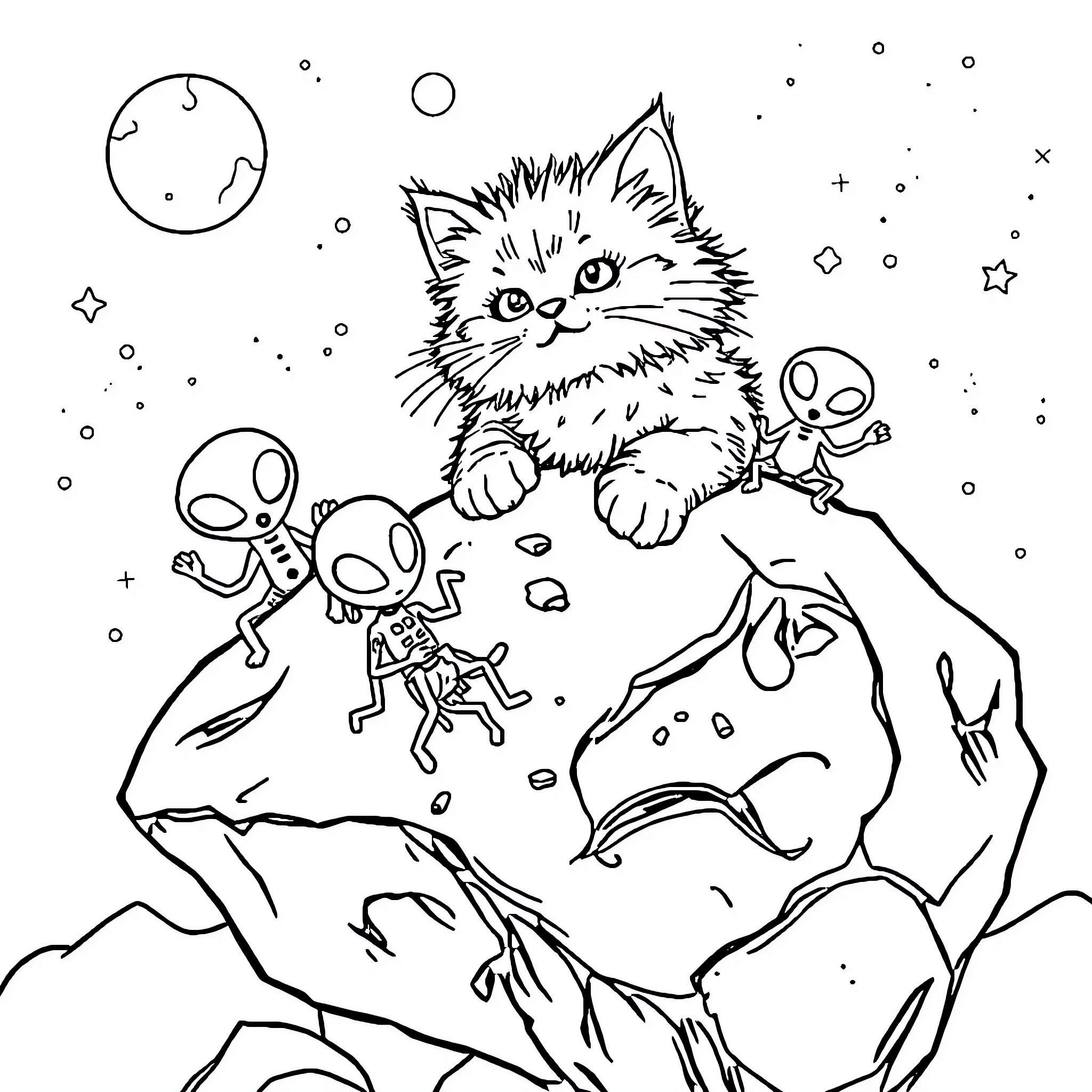 Cat explores mysterious alien world with small creatures Coloring Page (free black-and-white line drawing printable PDF for all, from beginners to advanced learners, including children, teens, adults, and seniors)