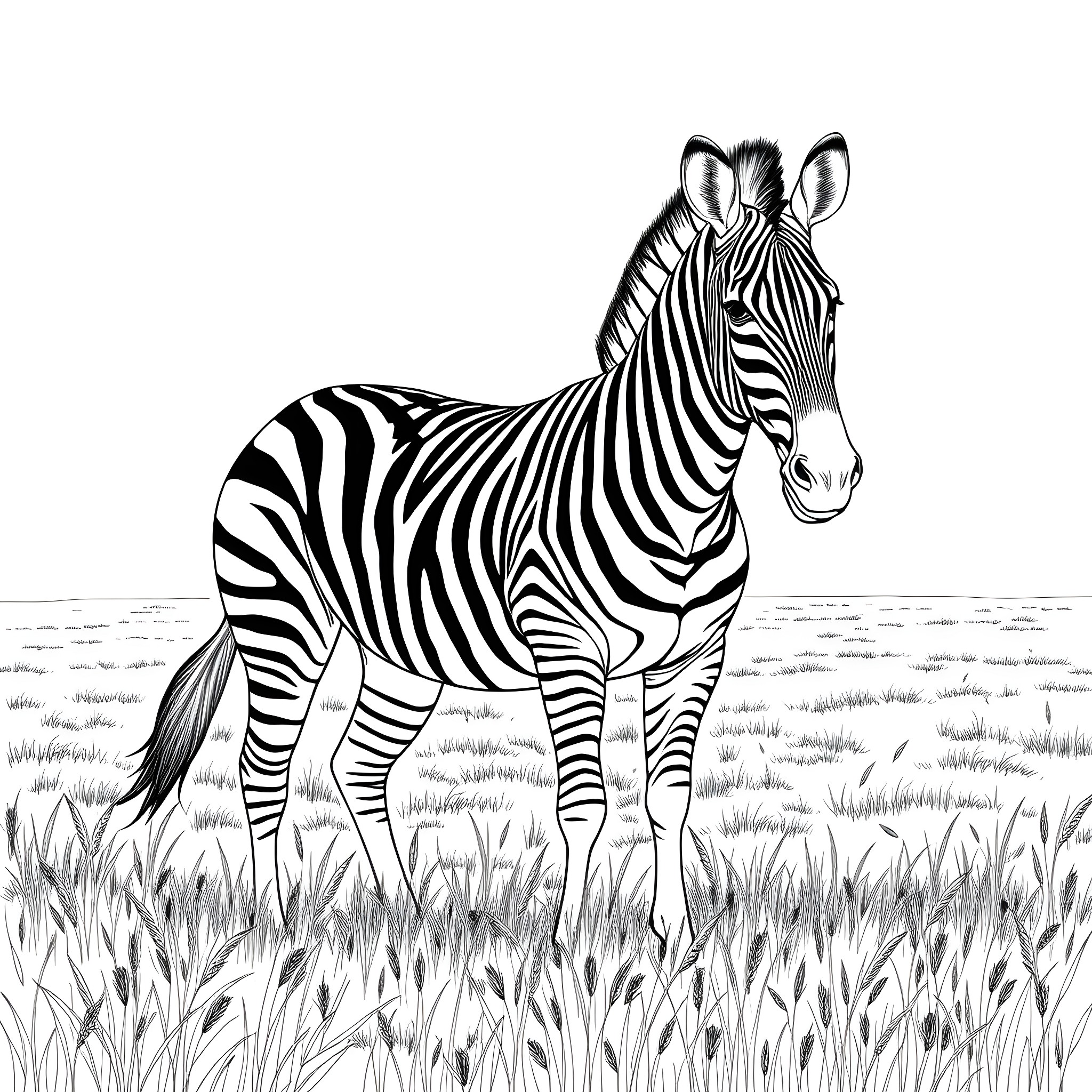 Zebra standing in a grassy field Coloring Page (free black-and-white line drawing printable PDF for all, from beginners to advanced learners, including children, teens, adults, and seniors)