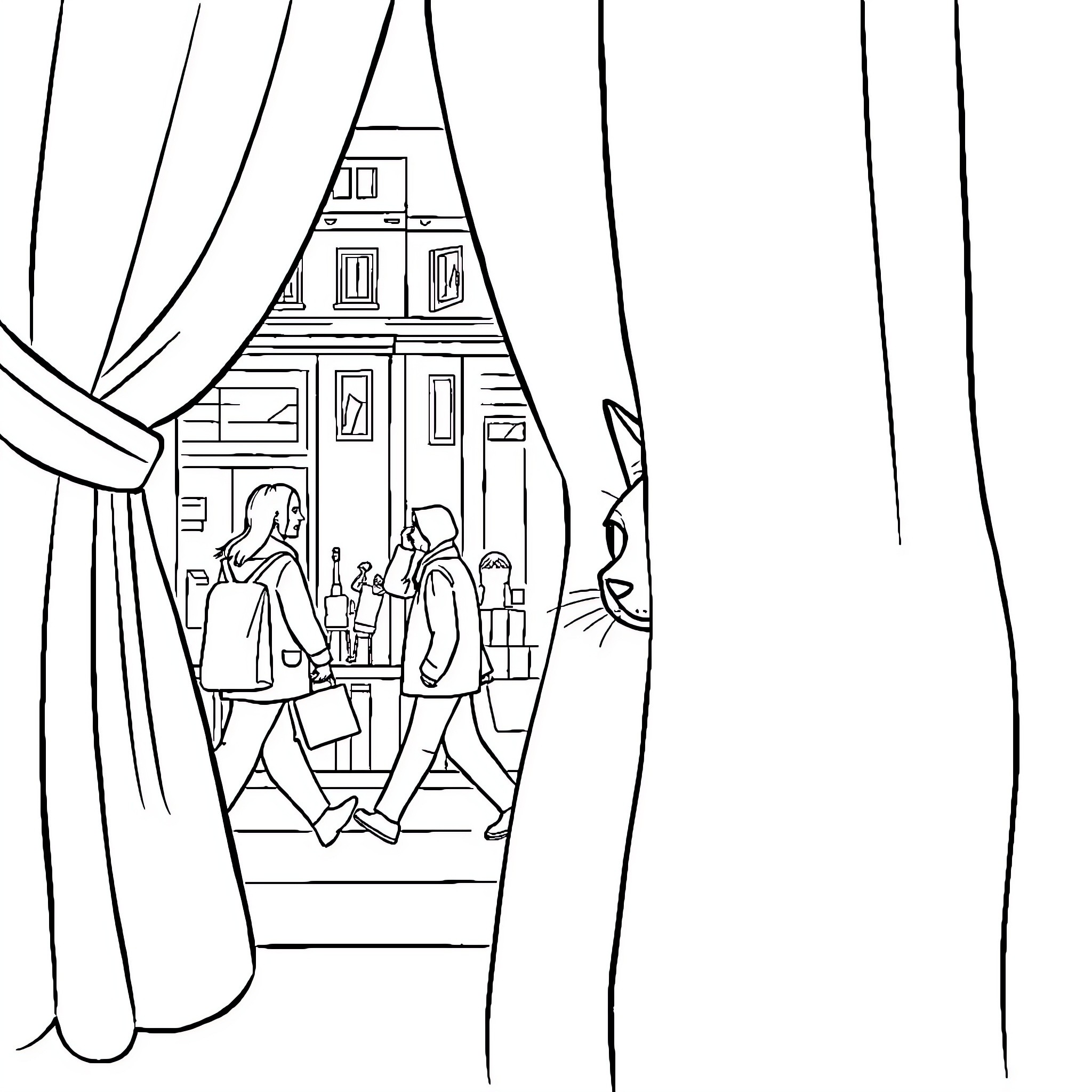 Cat Observing Cityscape Through Curtains Coloring Page (free black-and-white line drawing printable PDF for all, from beginners to advanced learners, including children, teens, adults, and seniors)