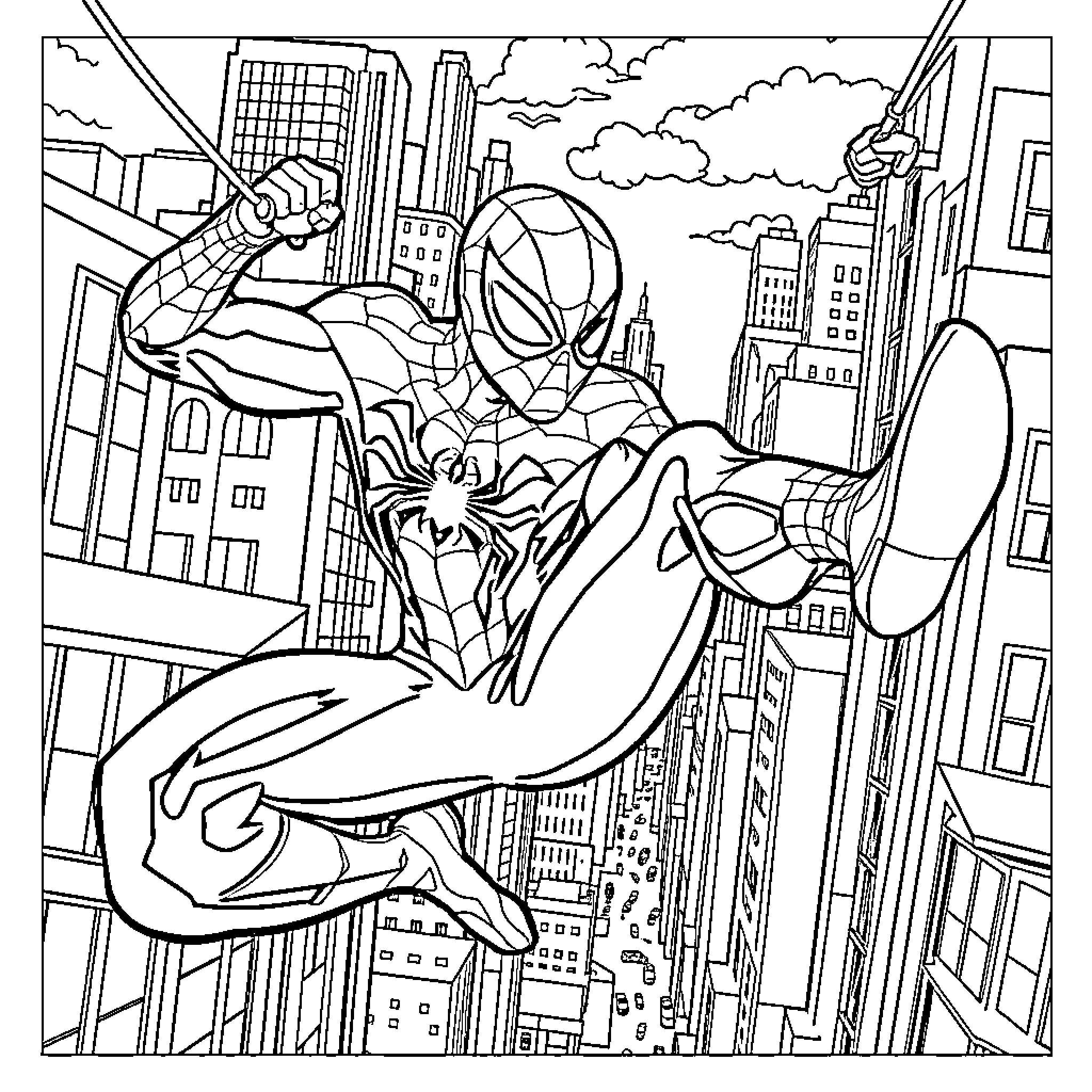 Spider-Man swinging through the city skyline Coloring Page (free black-and-white line drawing printable PDF for all, from beginners to advanced learners, including children, teens, adults, and seniors)