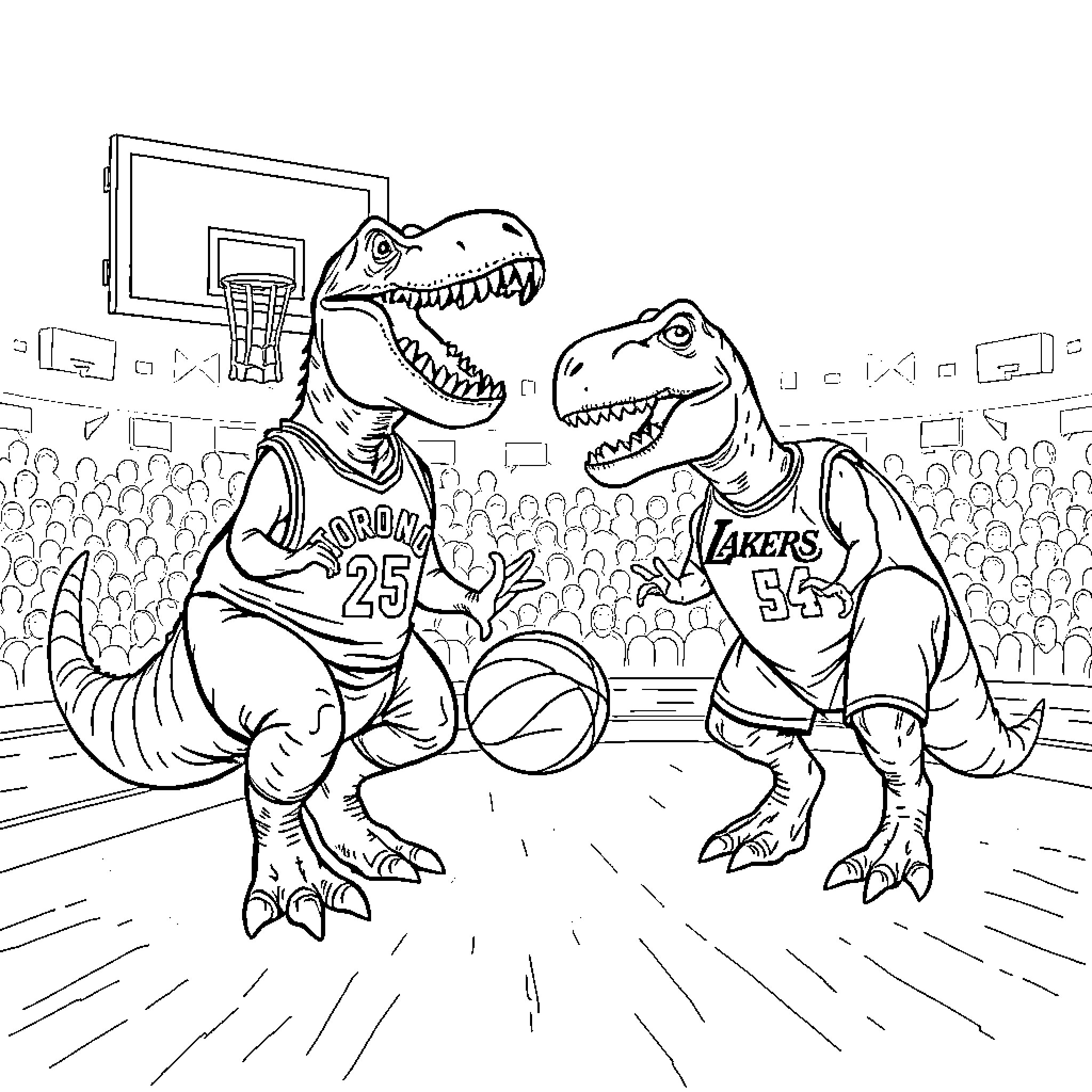 T-Rex Basketball Players Competing on Court Coloring Page (free black-and-white line drawing printable PDF for all, from beginners to advanced learners, including children, teens, adults, and seniors)