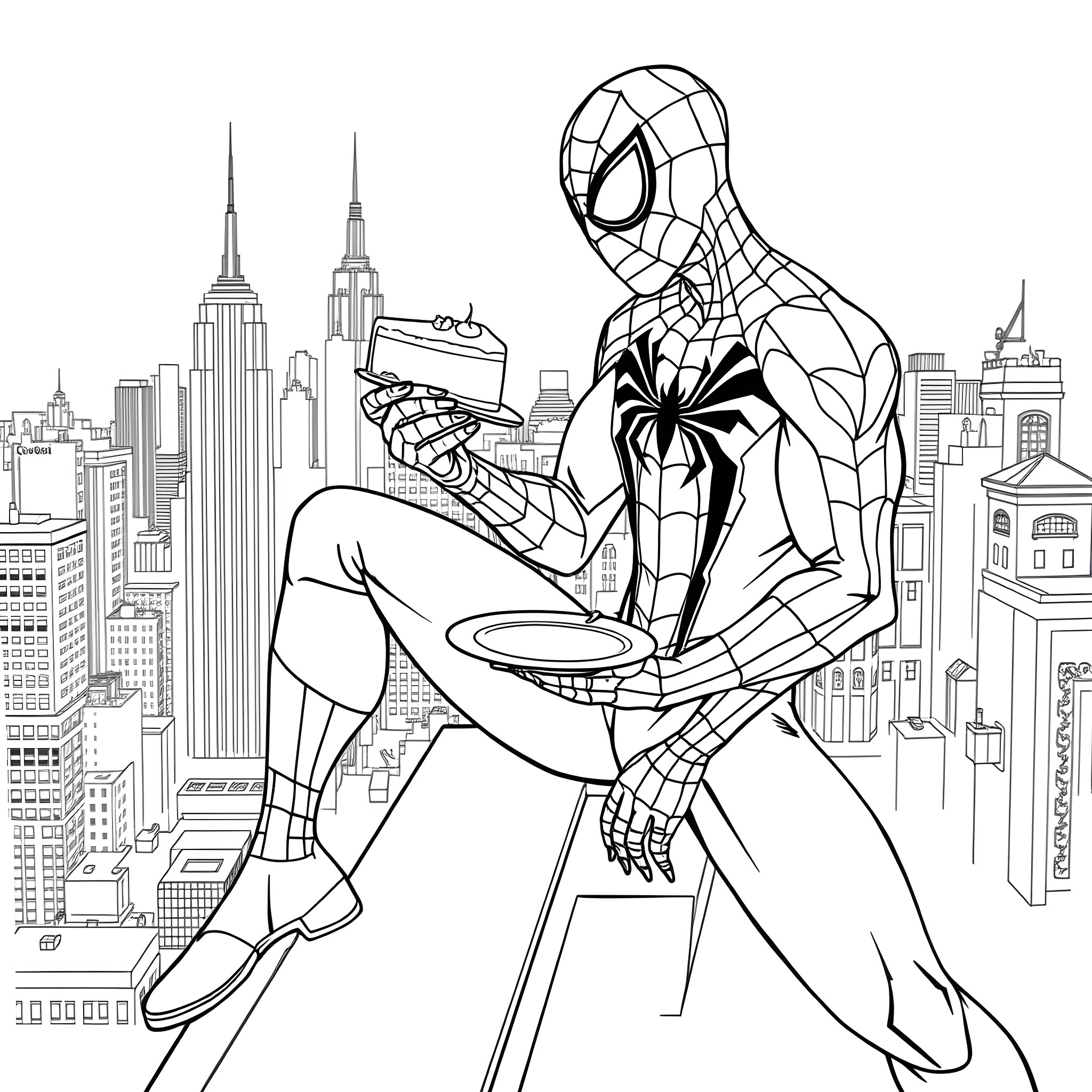 Spidey swinging across the city skyline Coloring Page (free black-and-white line drawing printable PDF for all, from beginners to advanced learners, including children, teens, adults, and seniors)