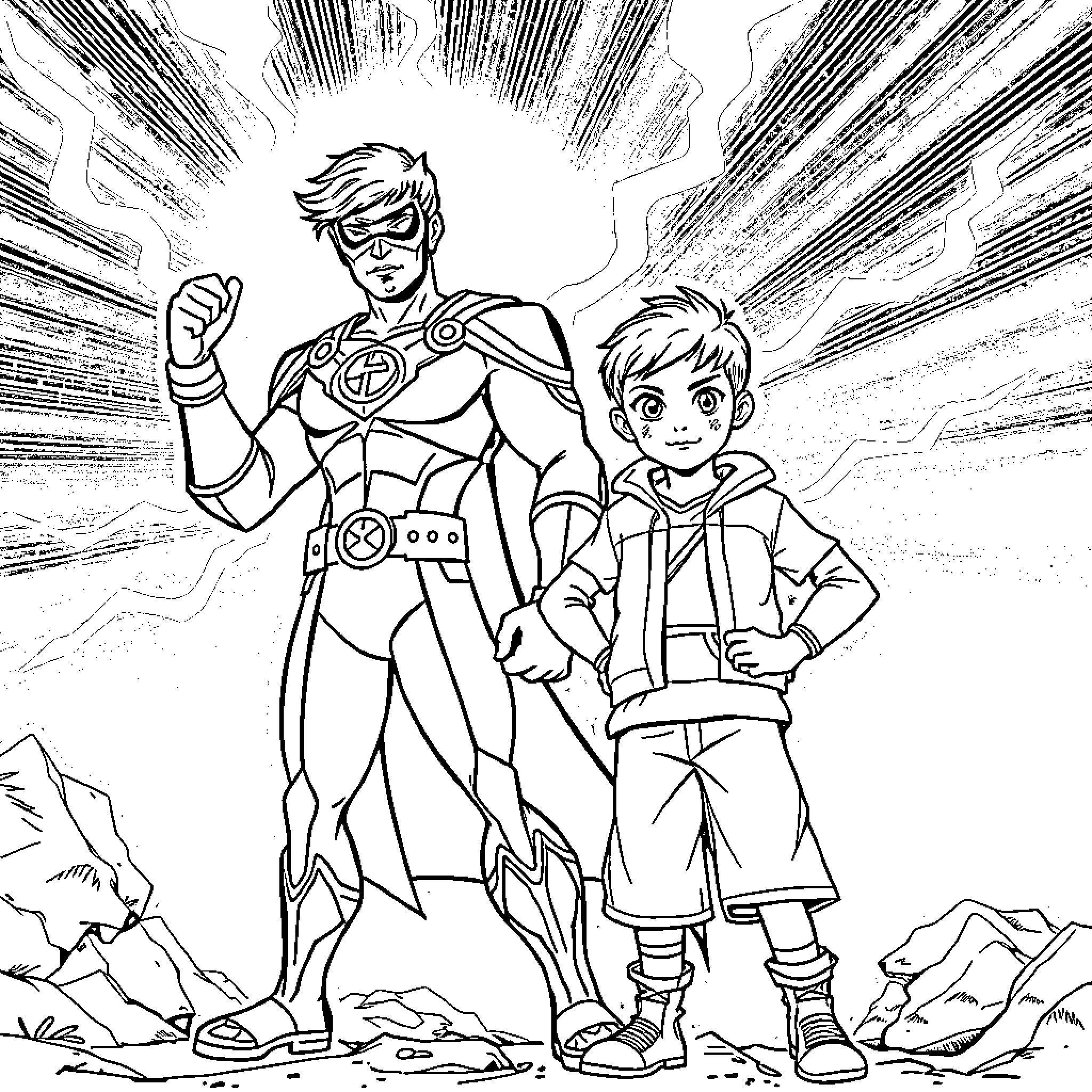 Krrish: Superhero and Sidekick in Action Coloring Page (free black-and-white line drawing printable PDF for all, from beginners to advanced learners, including children, teens, adults, and seniors)