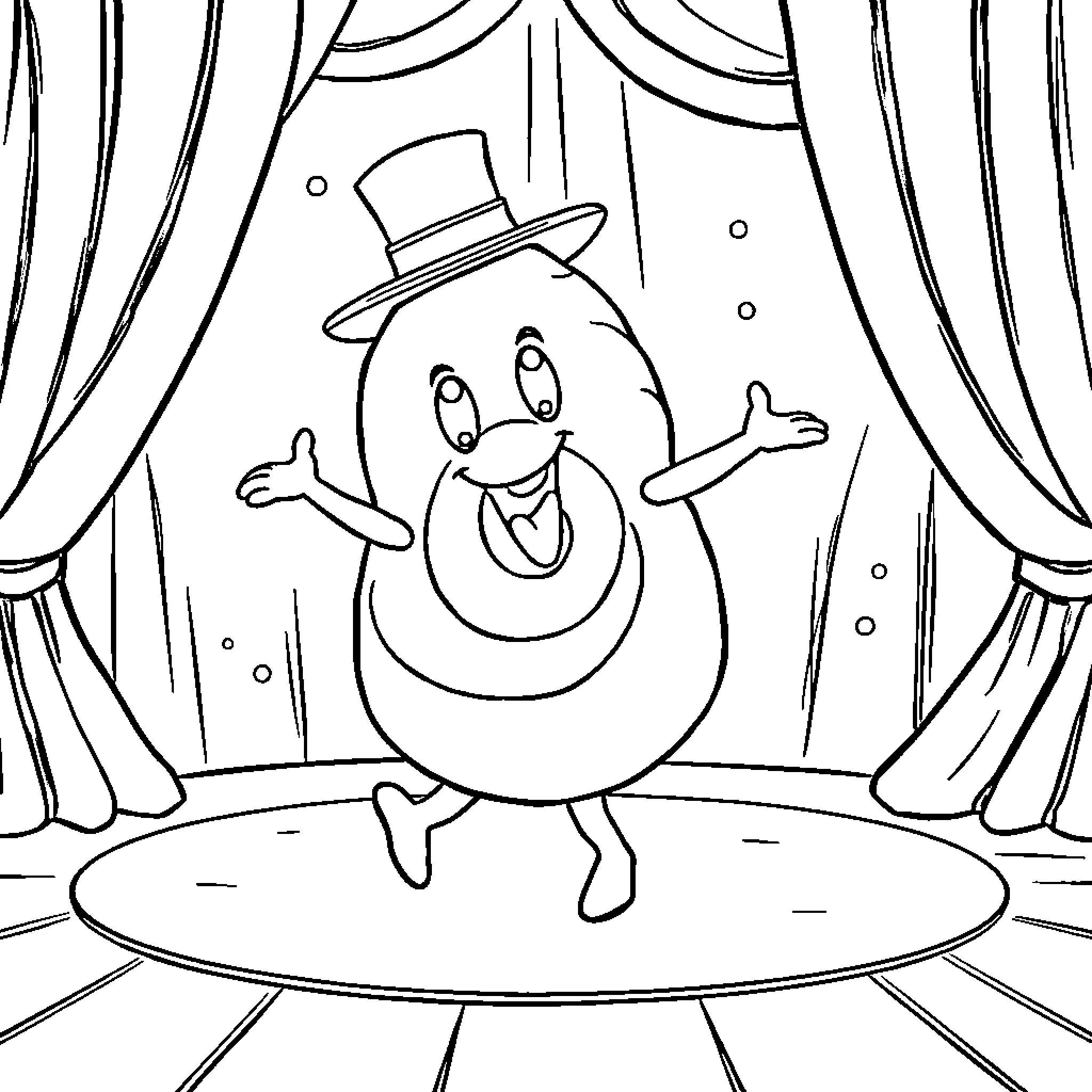 Cinnamon Roll character on stage with curtains Coloring Page (free black-and-white line drawing printable PDF for all, from beginners to advanced learners, including children, teens, adults, and seniors)