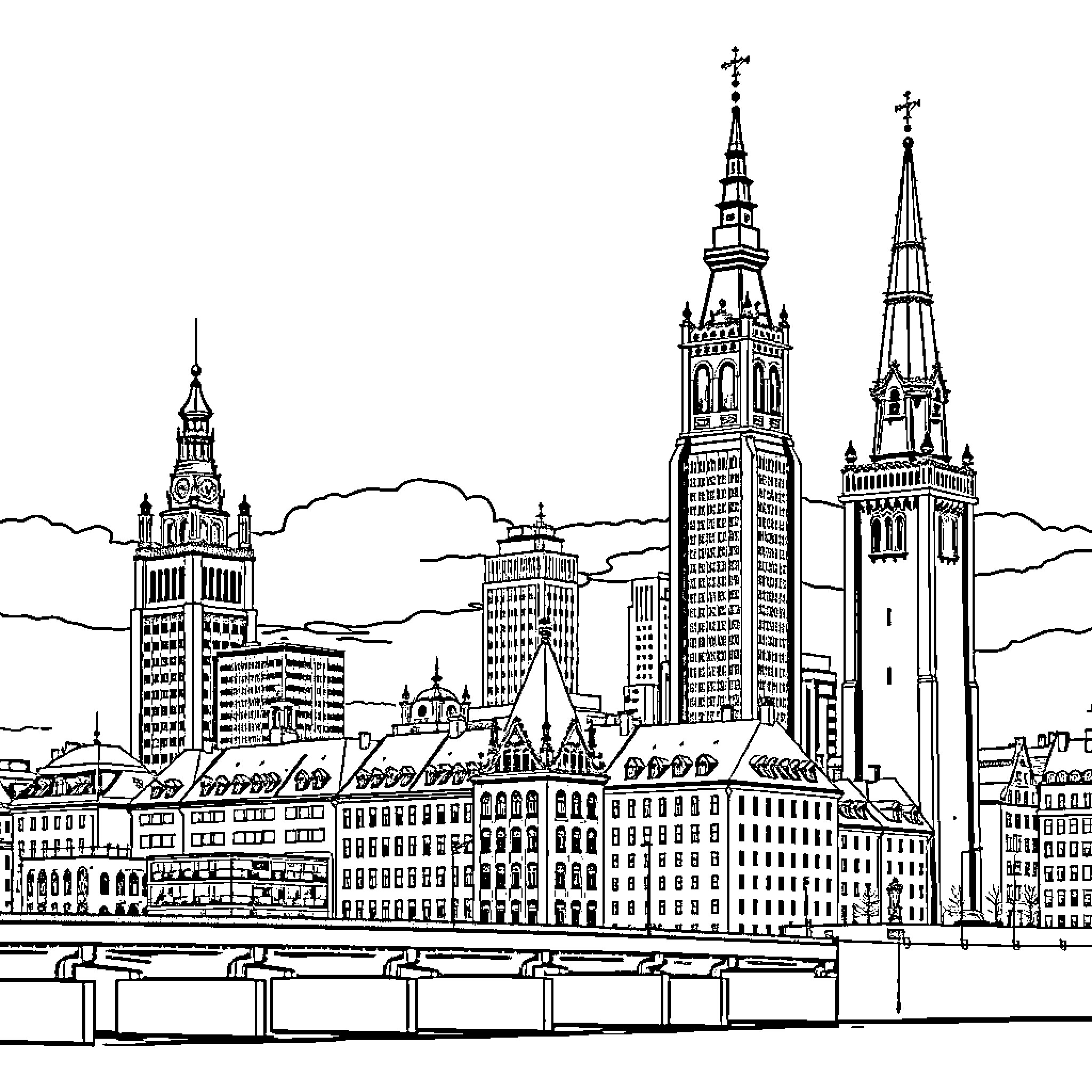 Szczecin cityscape with iconic towers and buildings Coloring Page (free black-and-white line drawing printable PDF for all, from beginners to advanced learners, including children, teens, adults, and seniors)