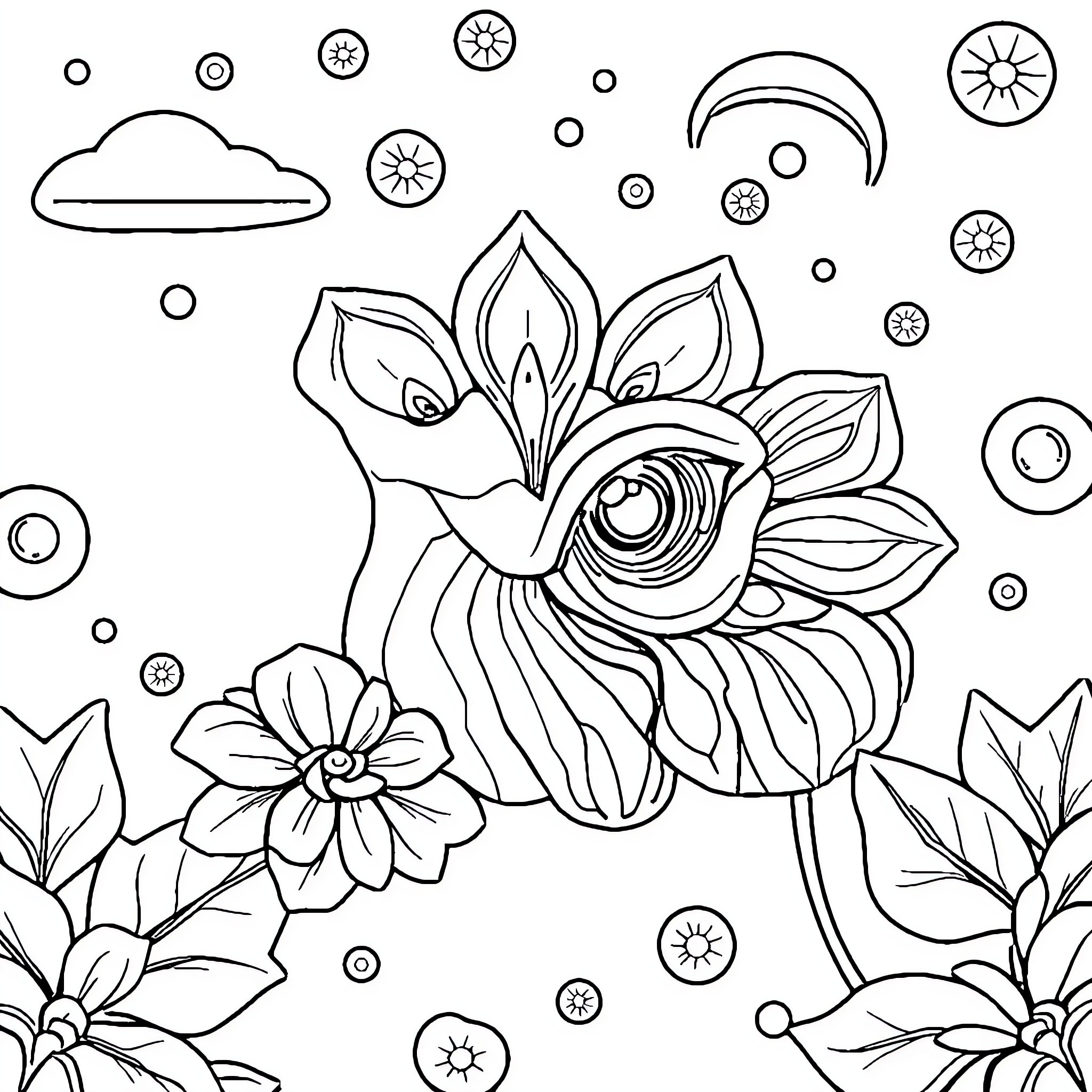 Art of Floral Fantasy with Celestial Elements Coloring Page (free black-and-white line drawing printable PDF for all, from beginners to advanced learners, including children, teens, adults, and seniors)