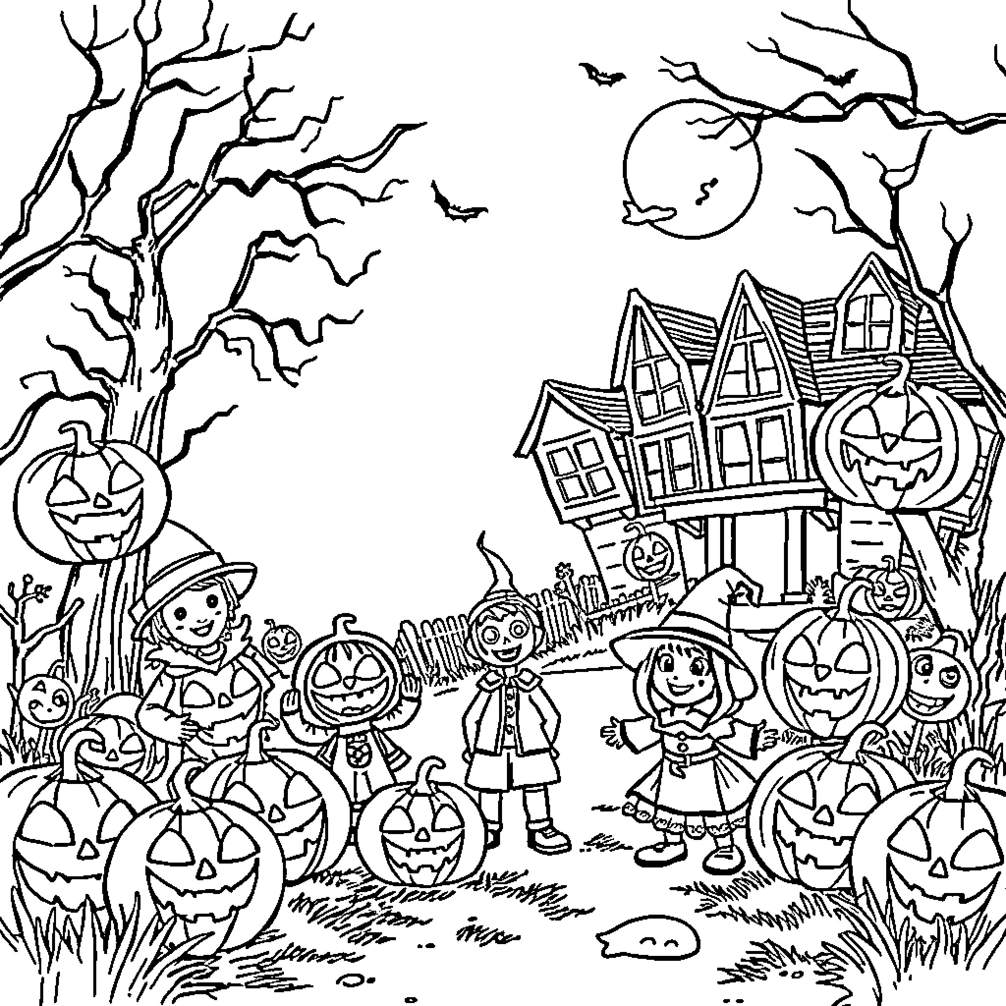 Halloween kids celebrating in a spooky neighborhood Coloring Page (free black-and-white line drawing printable PDF for all, from beginners to advanced learners, including children, teens, adults, and seniors)