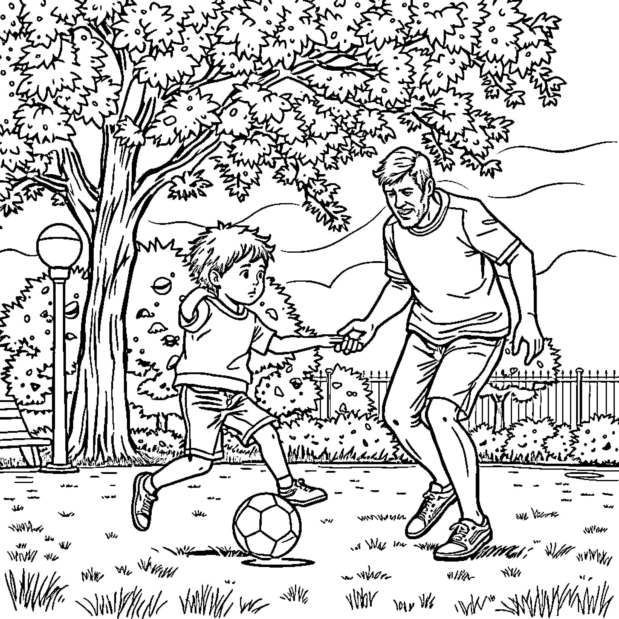 Child playing soccer with parent in the park Coloring Page (free black-and-white line drawing printable PDF for all, from beginners to advanced learners, including children, teens, adults, and seniors)