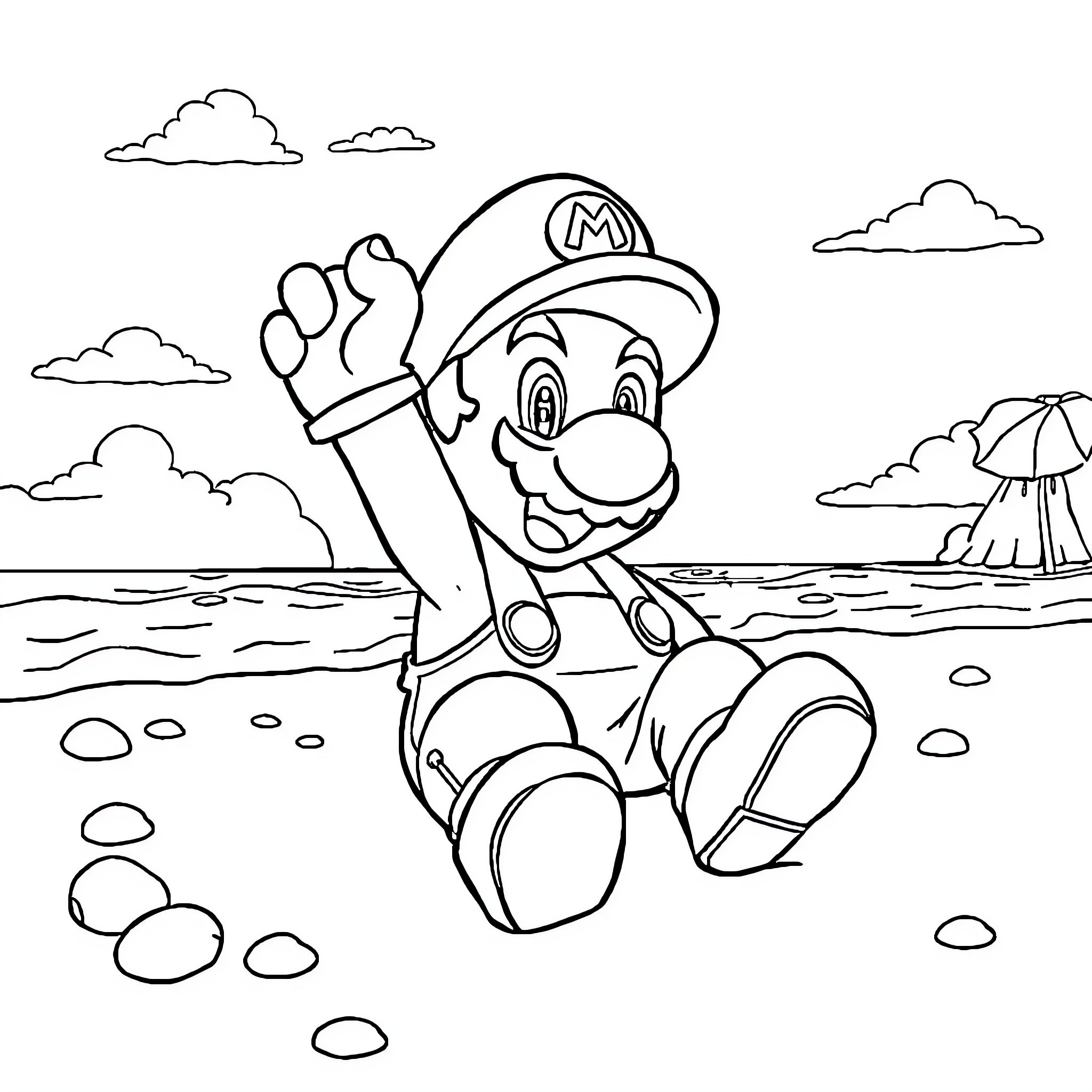 Mario Exploring a Beach Landscape Coloring Page (free black-and-white line drawing printable PDF for all, from beginners to advanced learners, including children, teens, adults, and seniors)