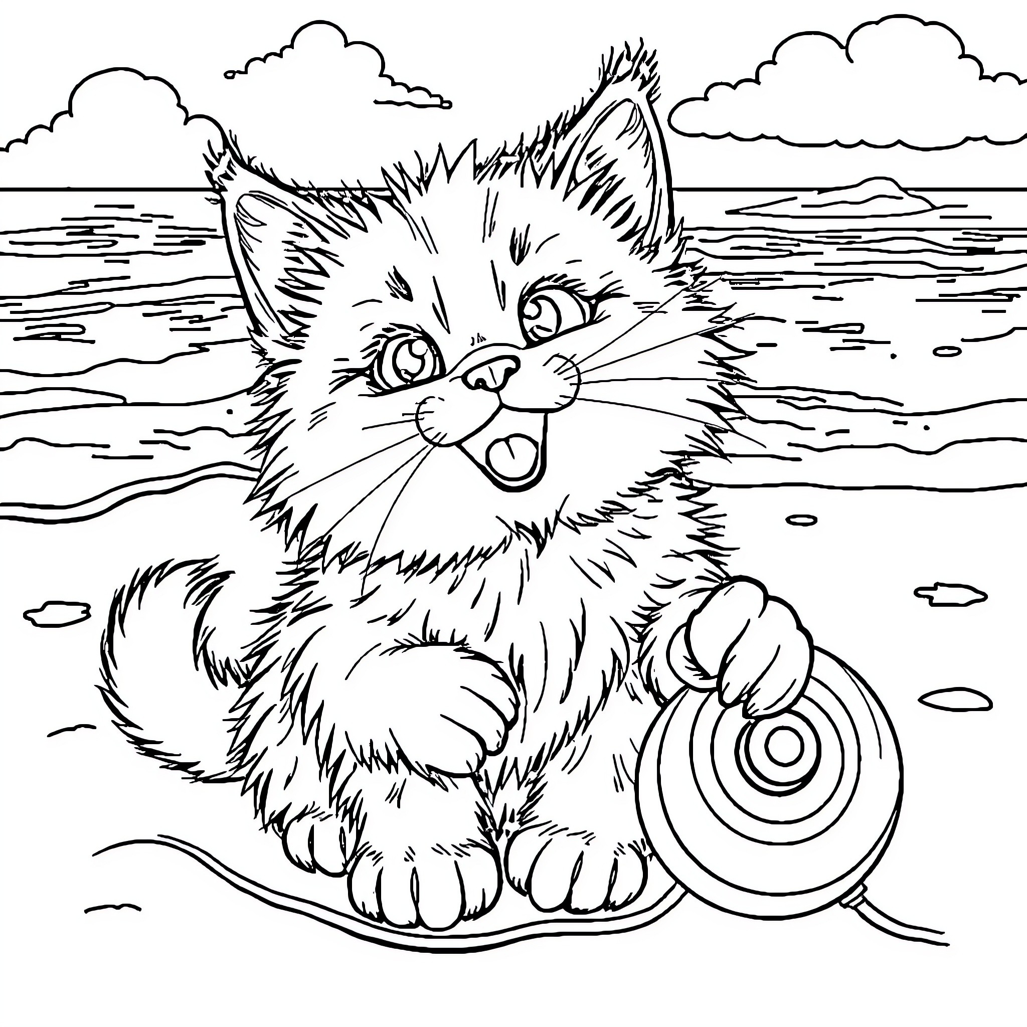 Cat playing with toy on the beach Coloring Page (free black-and-white line drawing printable PDF for all, from beginners to advanced learners, including children, teens, adults, and seniors)