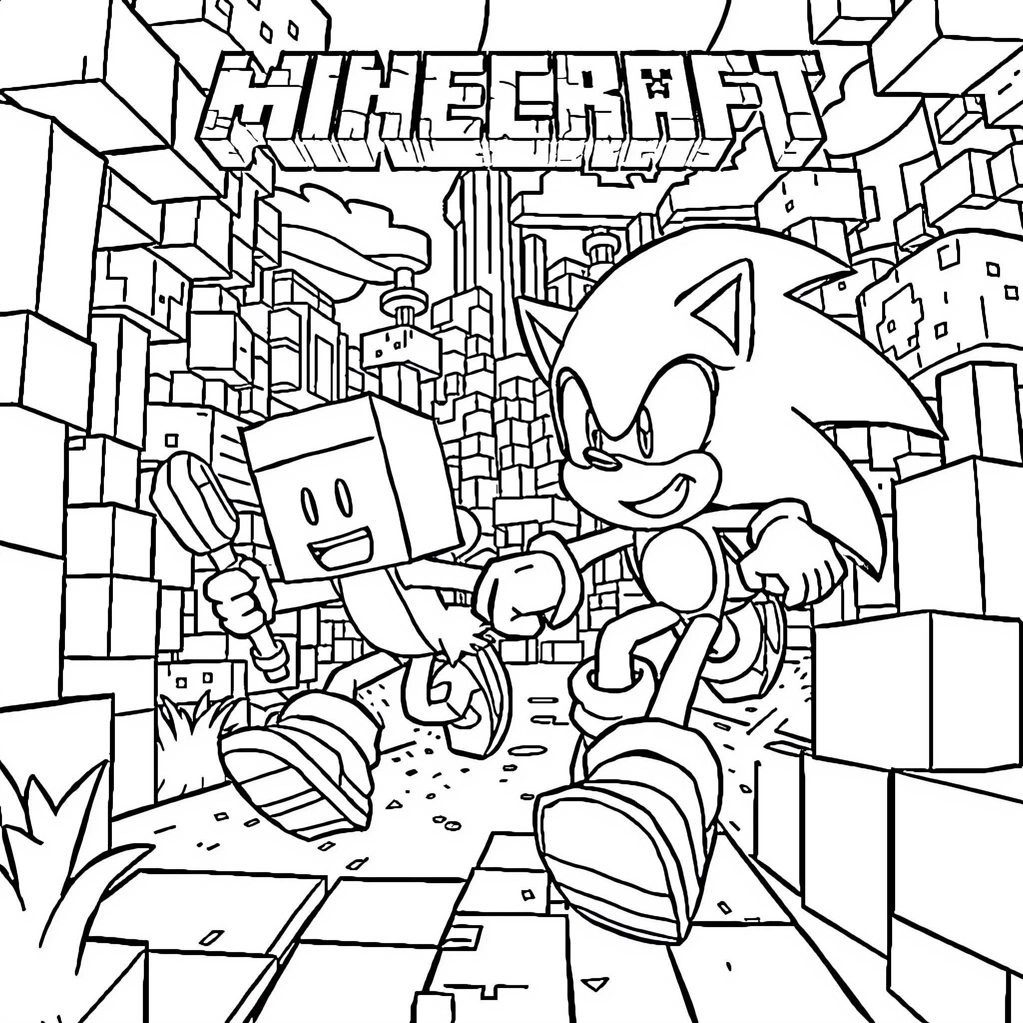 Minecraft-Inspired Characters in Futuristic City Coloring Page (free black-and-white line drawing printable PDF for all, from beginners to advanced learners, including children, teens, adults, and seniors)