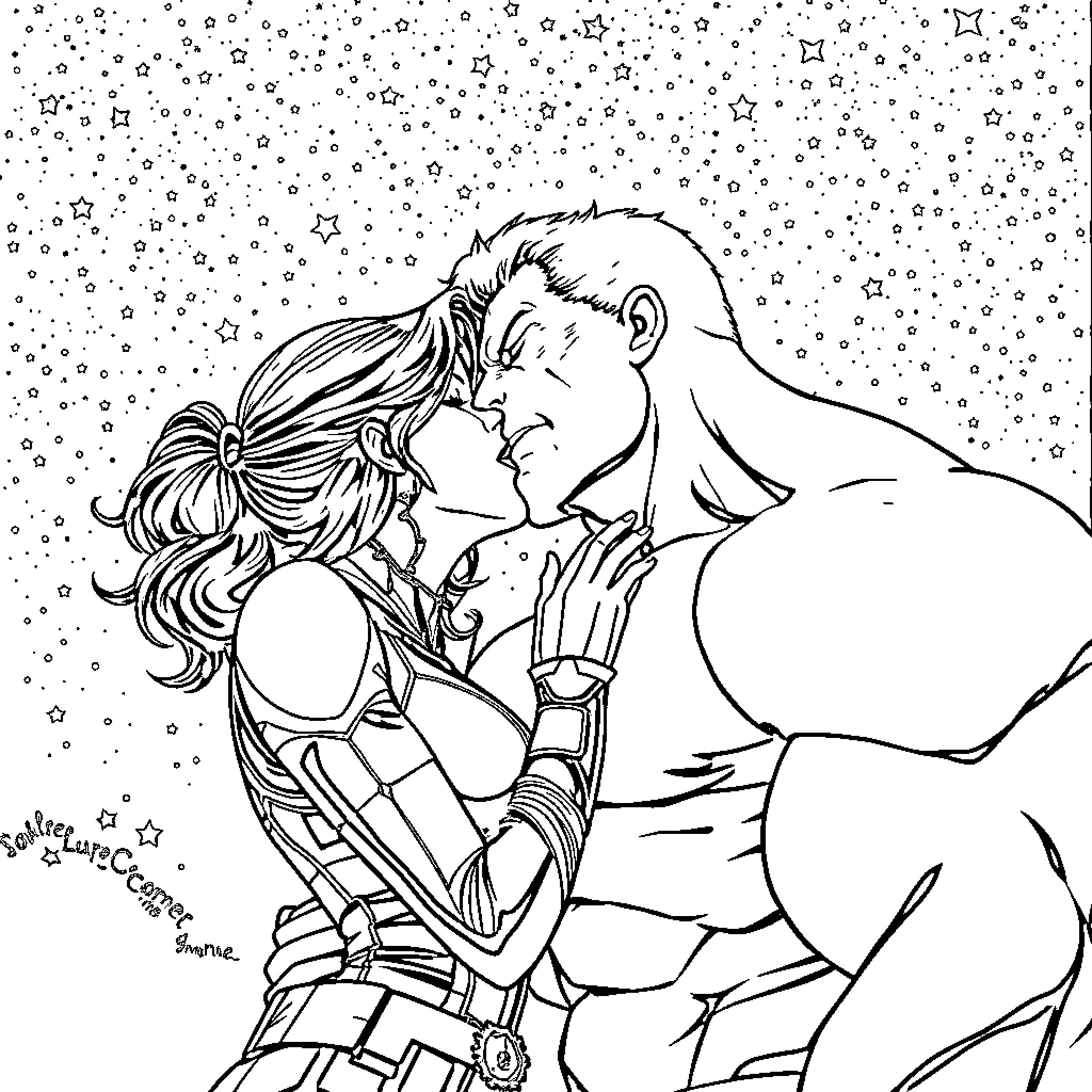 Black Widow: Passionate Embrace Under the Stars Coloring Page (free black-and-white line drawing printable PDF for all, from beginners to advanced learners, including children, teens, adults, and seniors)