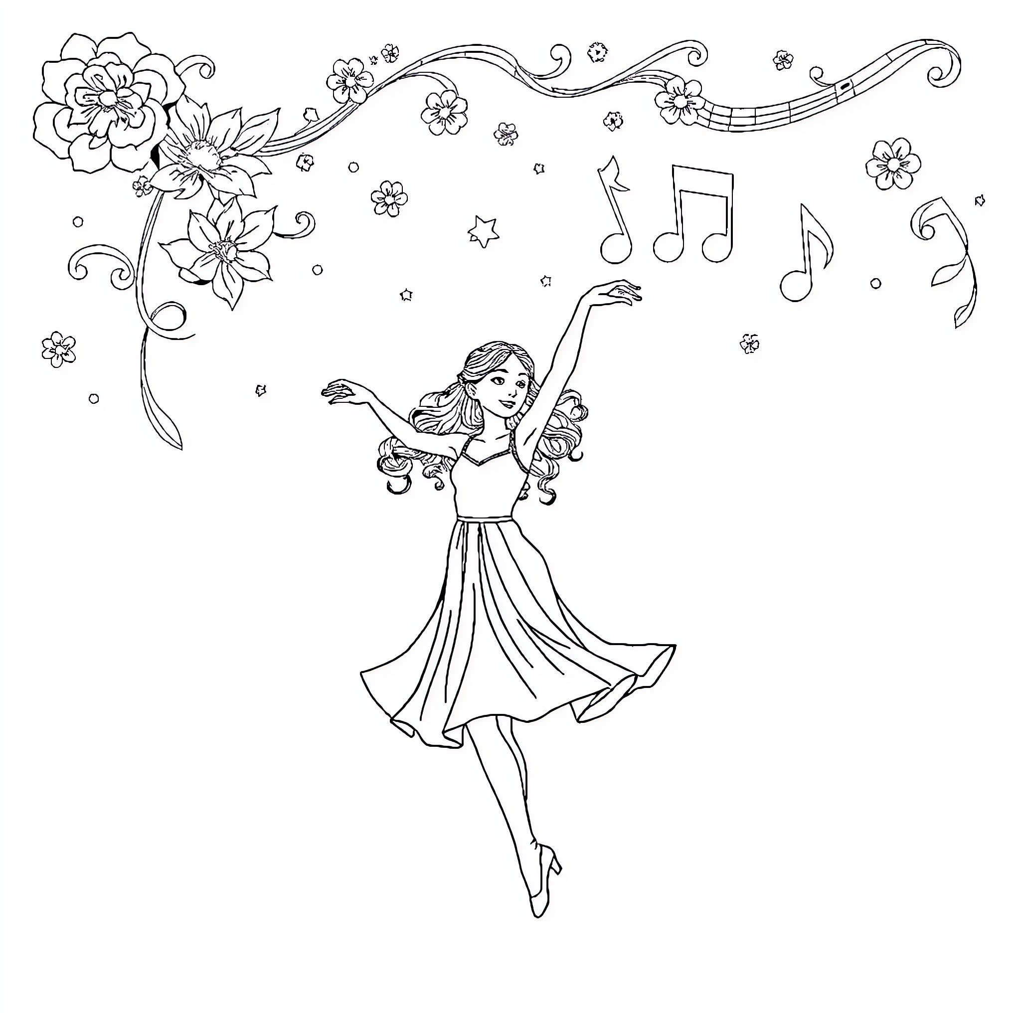 Girl dancing gracefully among flowers and music notes Coloring Page (free black-and-white line drawing printable PDF for all, from beginners to advanced learners, including children, teens, adults, and seniors)