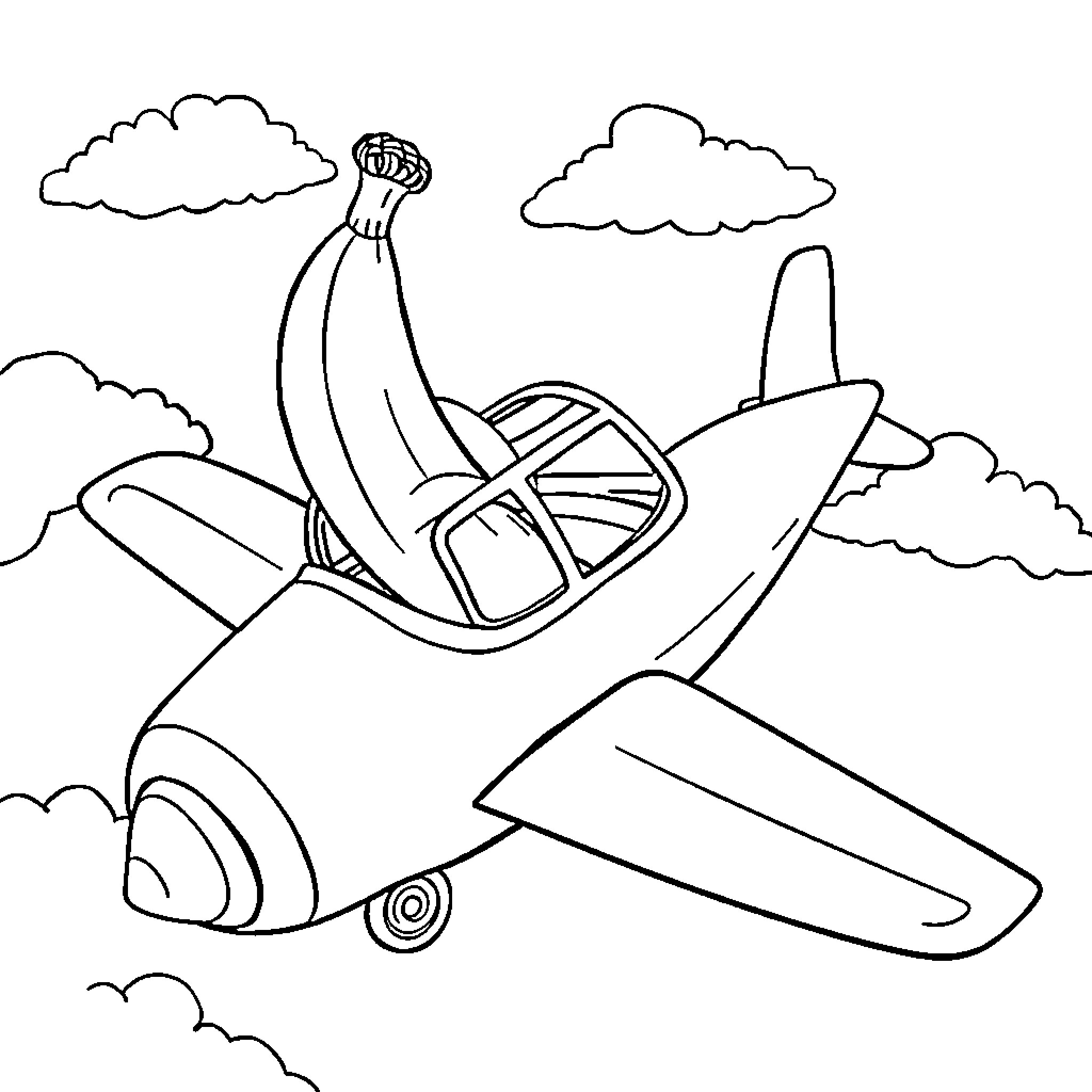 Banana-shaped plane flying through the clouds Coloring Page (free black-and-white line drawing printable PDF for all, from beginners to advanced learners, including children, teens, adults, and seniors)