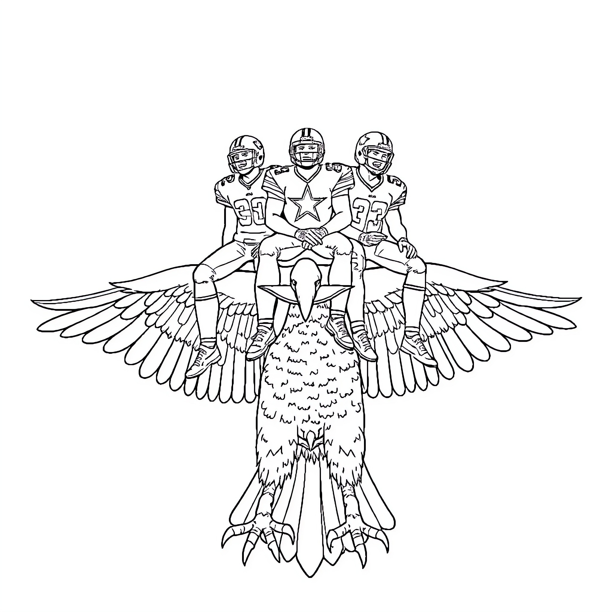 Cowboy football players soaring on winged steed Coloring Page (free black-and-white line drawing printable PDF for all, from beginners to advanced learners, including children, teens, adults, and seniors)