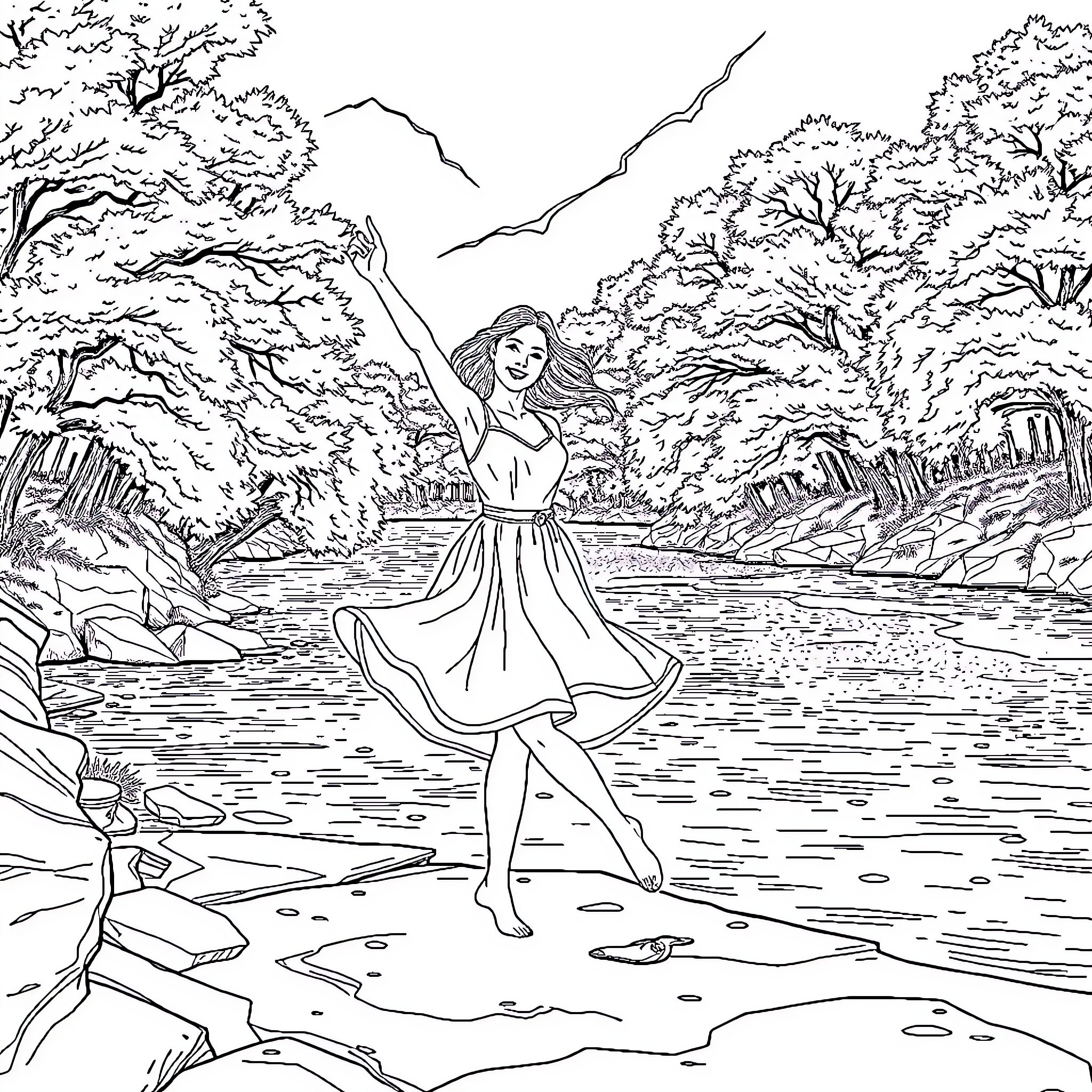 Lisa enjoying nature's beauty in the forest Coloring Page (free black-and-white line drawing printable PDF for all, from beginners to advanced learners, including children, teens, adults, and seniors)