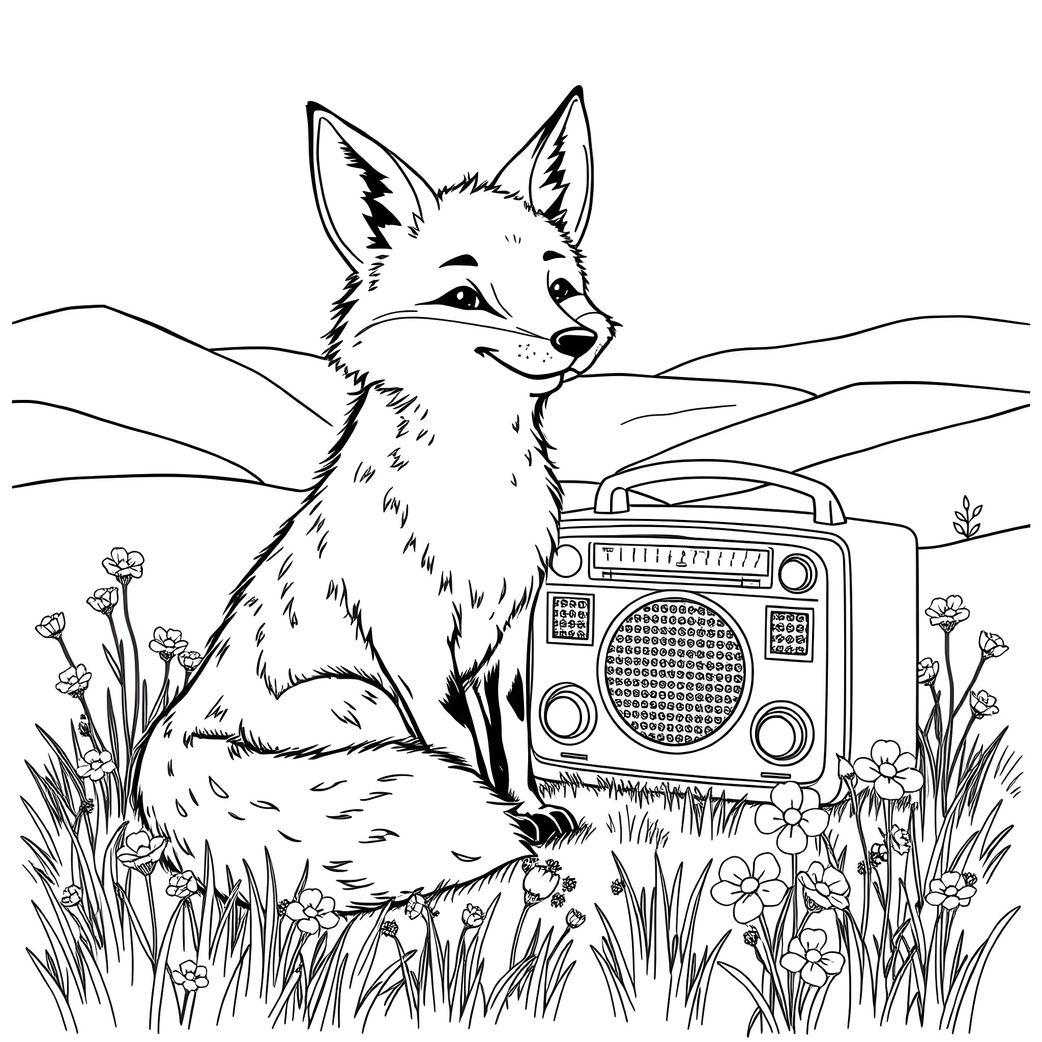 Fox listening to music in the meadow Coloring Page (free black-and-white line drawing printable PDF for all, from beginners to advanced learners, including children, teens, adults, and seniors)