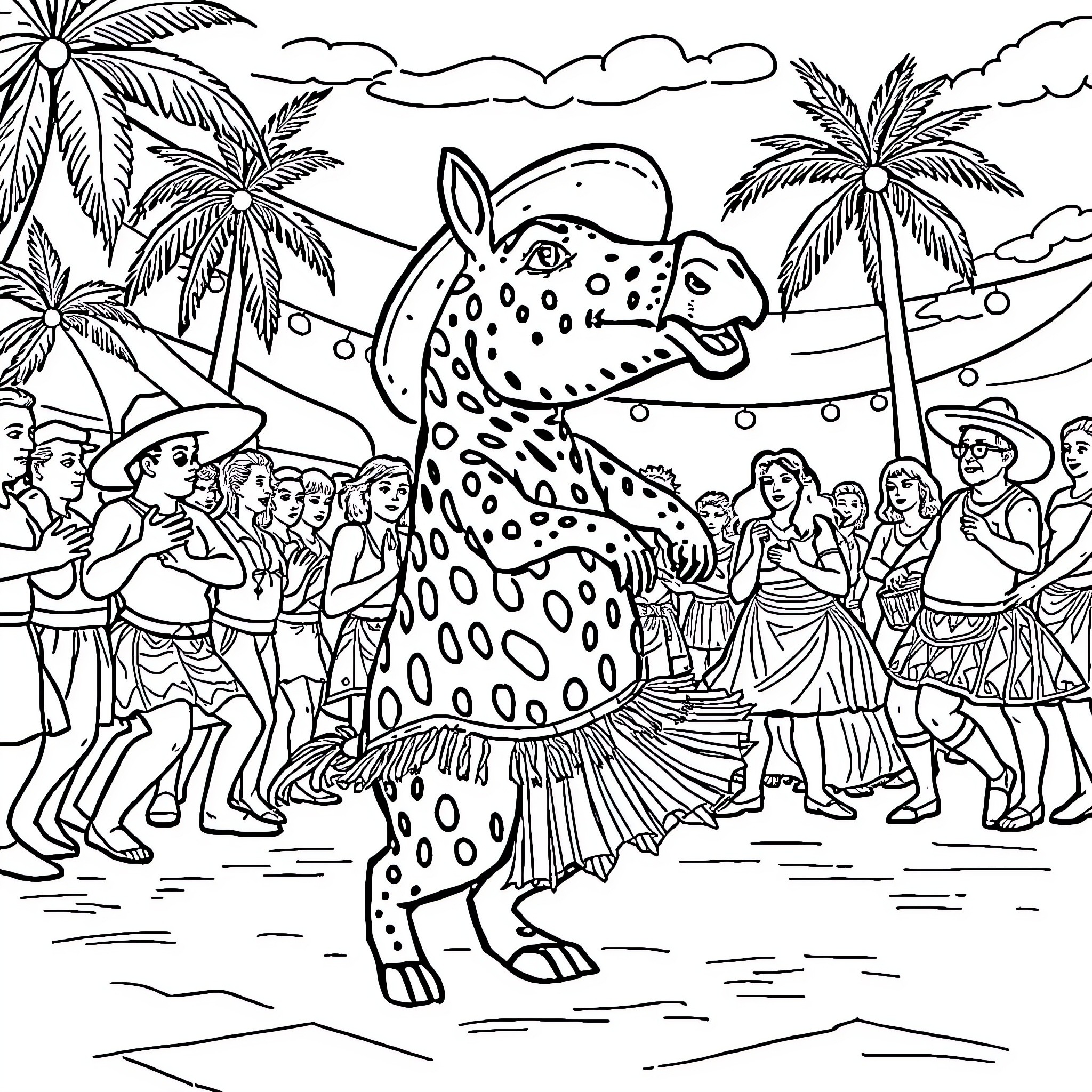 Capybara entertains tropical festival crowd Coloring Page (free black-and-white line drawing printable PDF for all, from beginners to advanced learners, including children, teens, adults, and seniors)