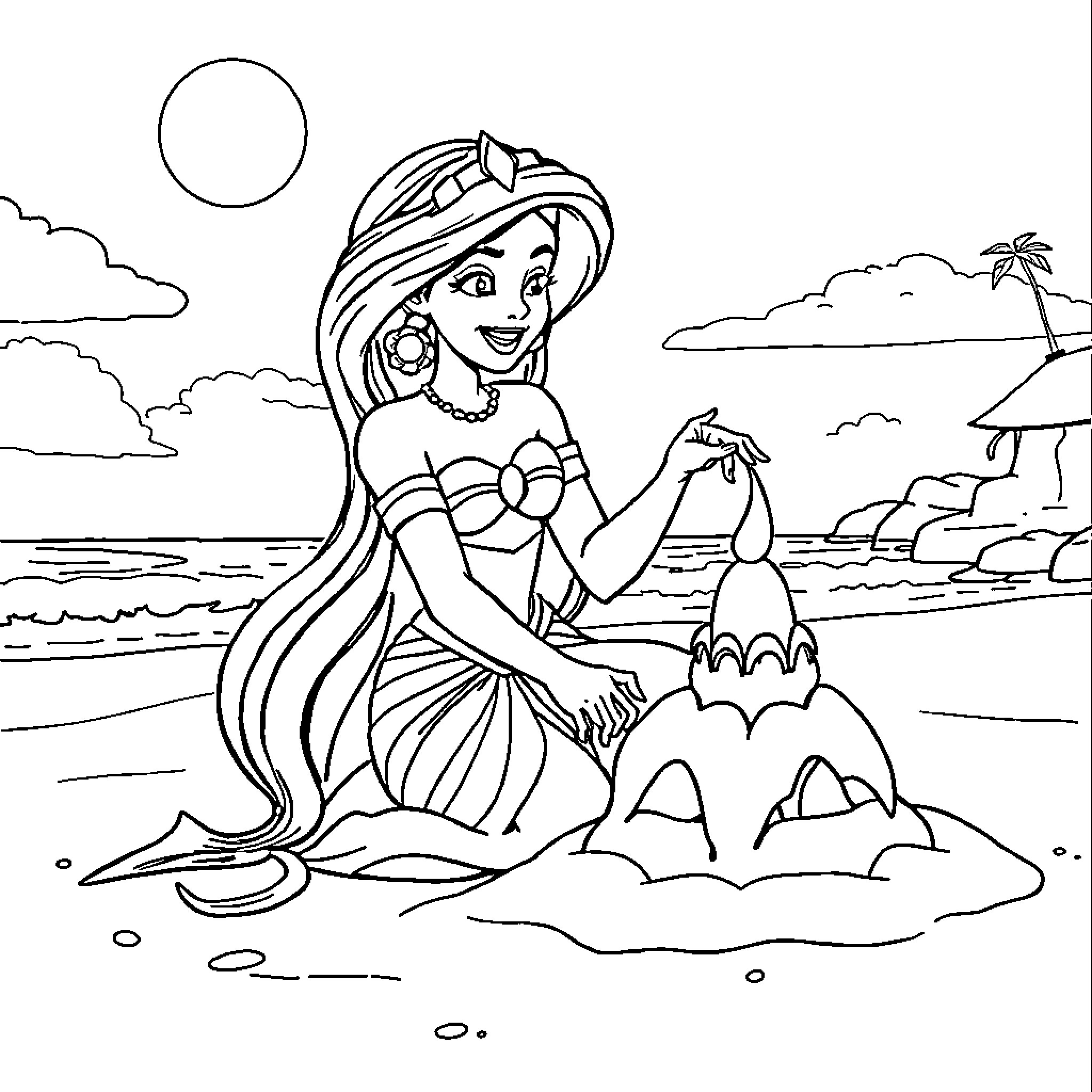 Princess Jasmine playing in the sand on the beach Coloring Page (free black-and-white line drawing printable PDF for all, from beginners to advanced learners, including children, teens, adults, and seniors)