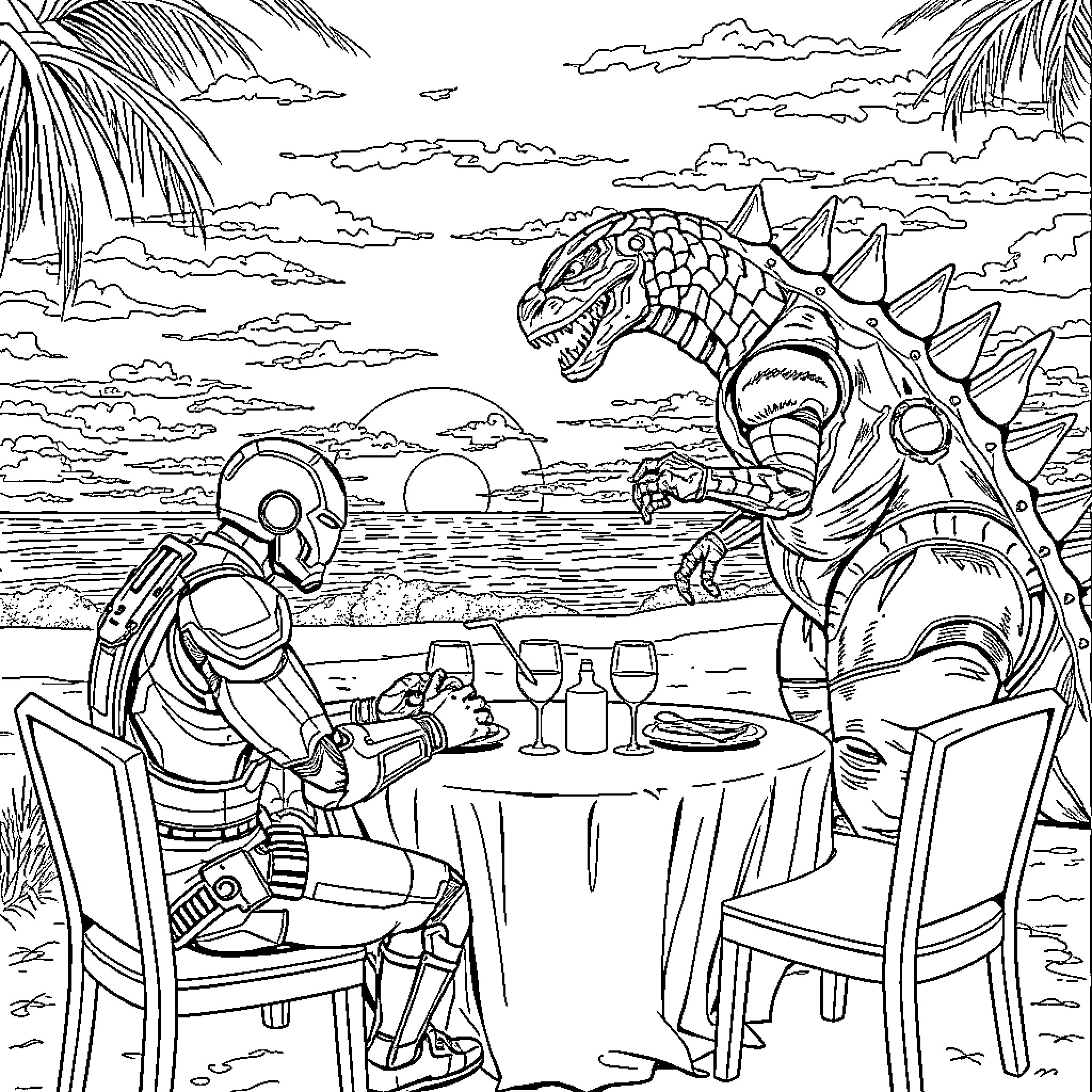 Iron Man and the Dinosaur's Beachside Dinner Coloring Page (free black-and-white line drawing printable PDF for all, from beginners to advanced learners, including children, teens, adults, and seniors)