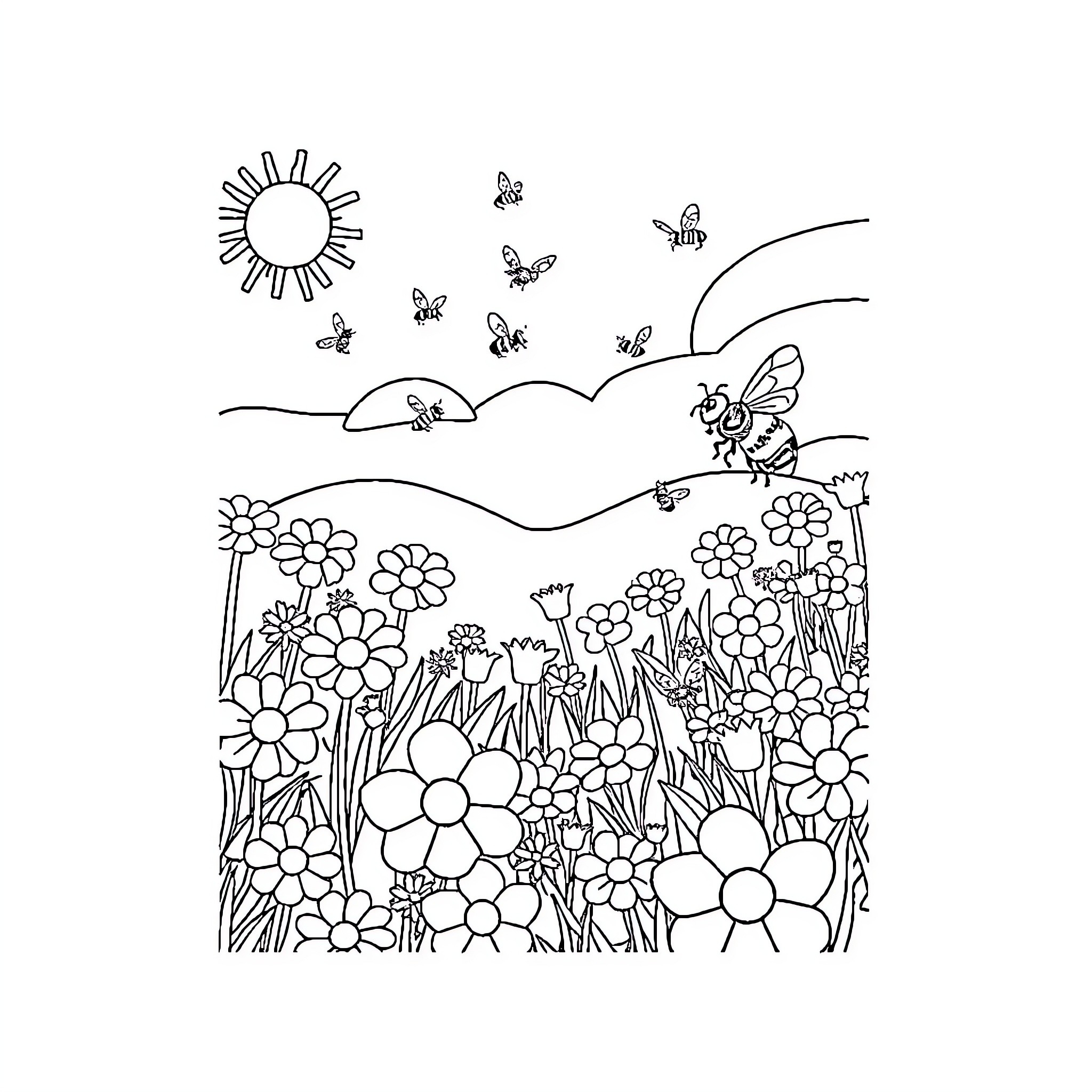 Garden Scene with Flowers and Butterflies Coloring Page (free black-and-white line drawing printable PDF for all, from beginners to advanced learners, including children, teens, adults, and seniors)