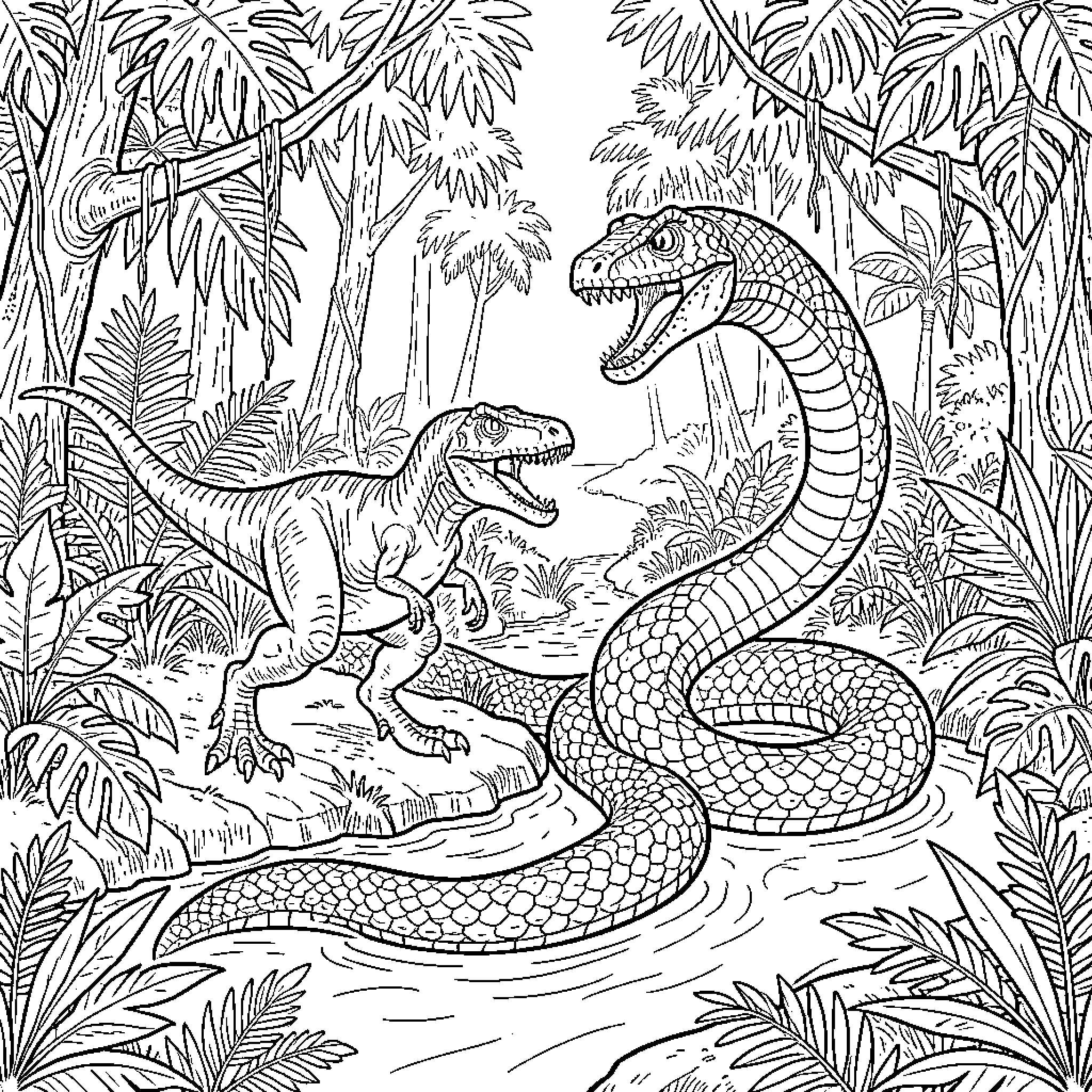 Velociraptor confronting a giant snake in a jungle Coloring Page (free black-and-white line drawing printable PDF for all, from beginners to advanced learners, including children, teens, adults, and seniors)