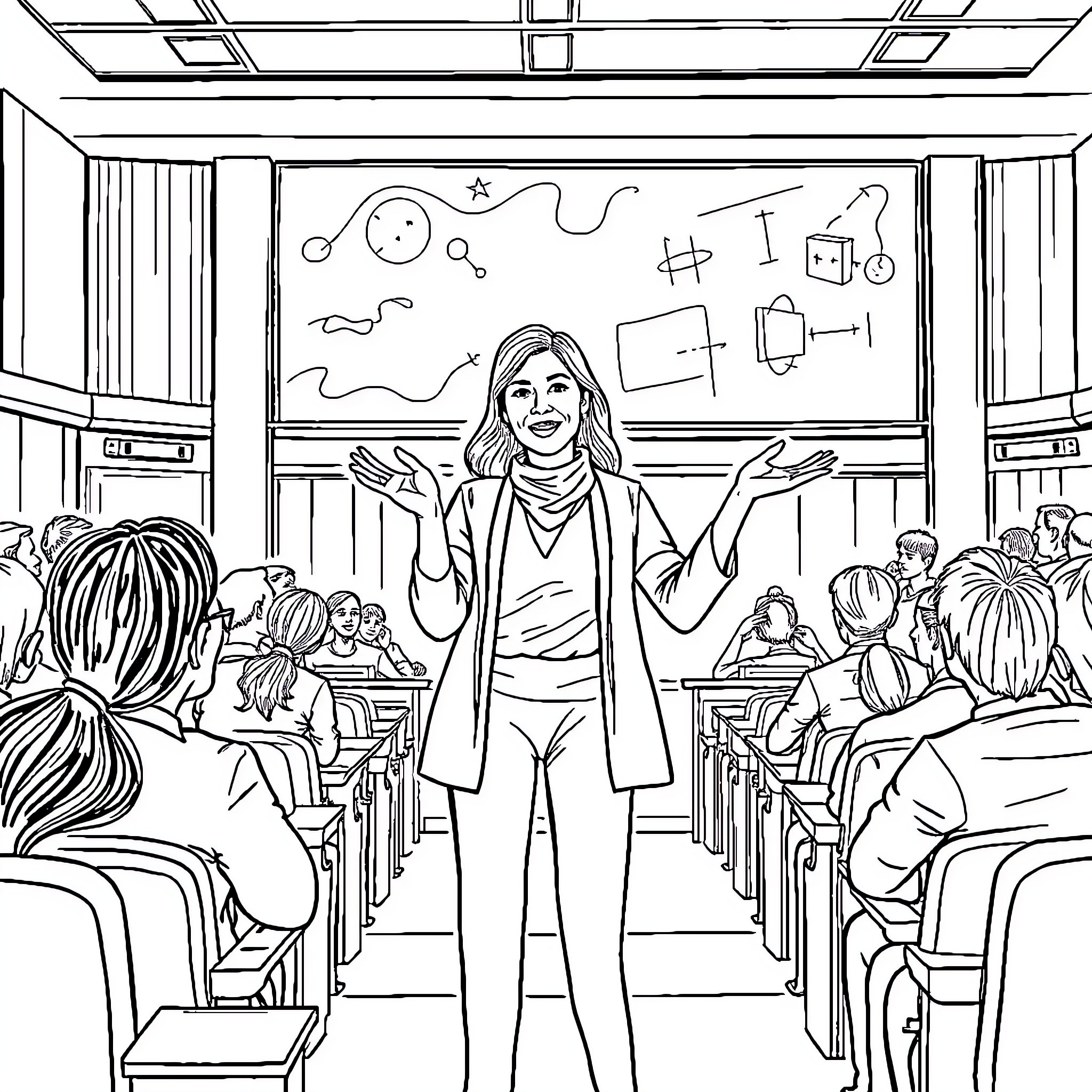 Lady Sharing Knowledge with Students in Classroom Coloring Page (free black-and-white line drawing printable PDF for all, from beginners to advanced learners, including children, teens, adults, and seniors)
