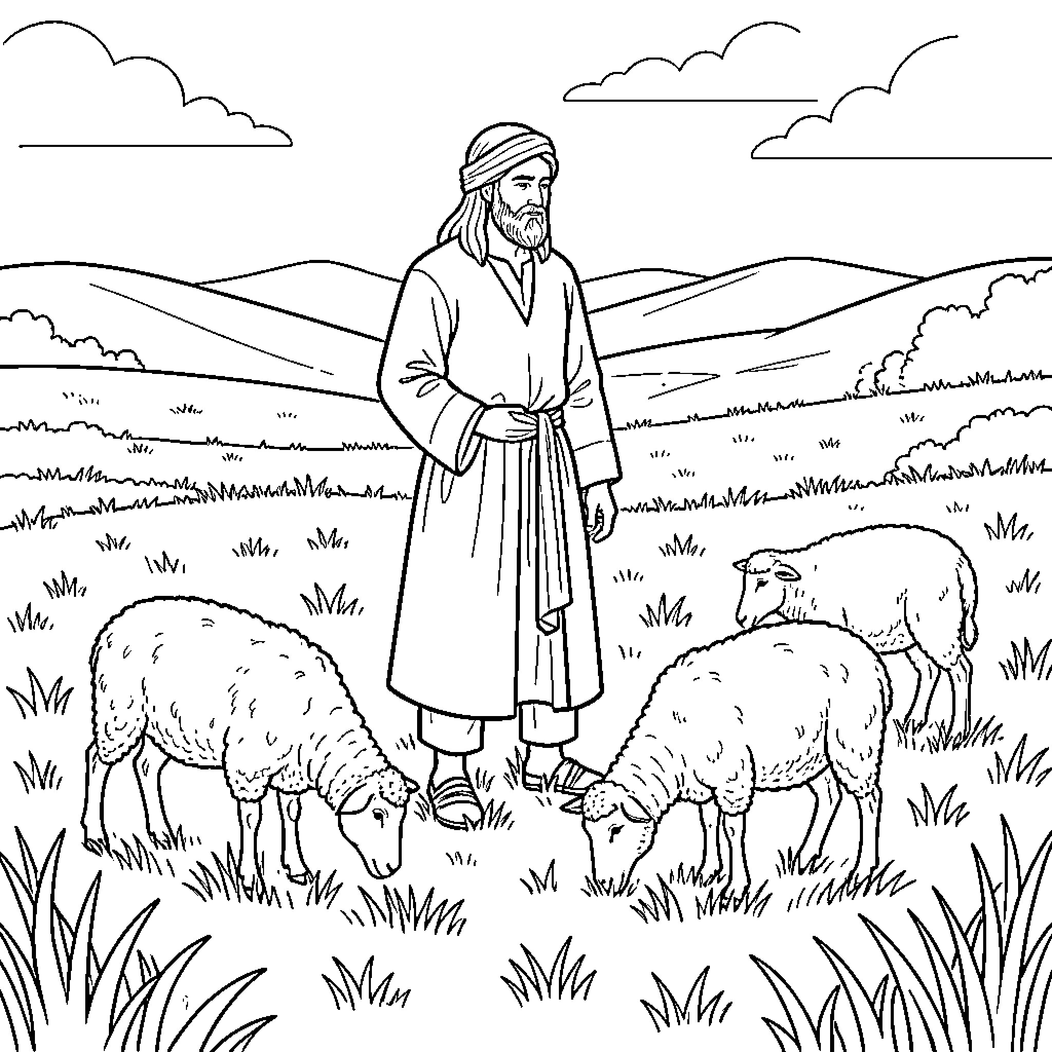 Shepherd standing peacefully among grazing sheep in a meadow Coloring Page (free black-and-white line drawing printable PDF for all, from beginners to advanced learners, including children, teens, adults, and seniors)