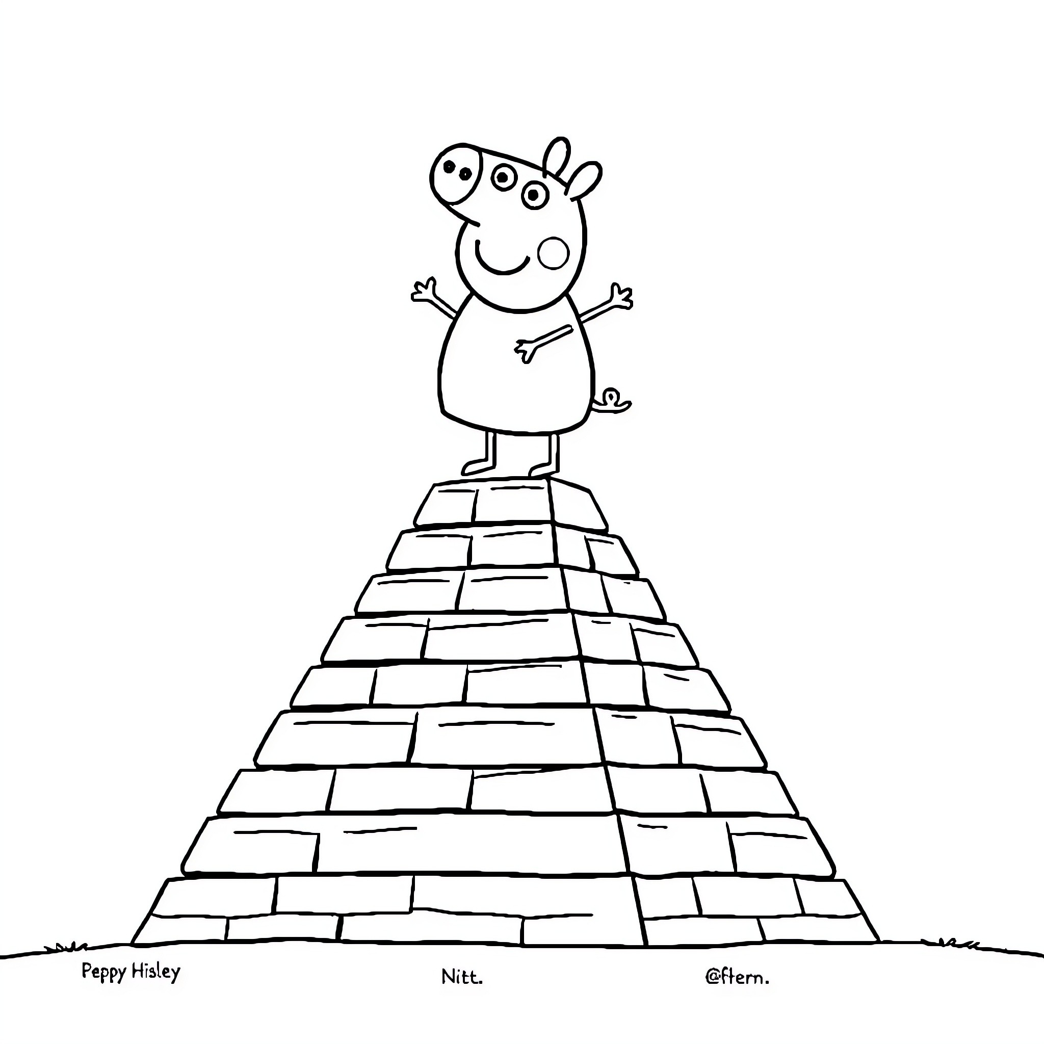 Peppa Pig stands on a brick pyramid Coloring Page (free black-and-white line drawing printable PDF for all, from beginners to advanced learners, including children, teens, adults, and seniors)