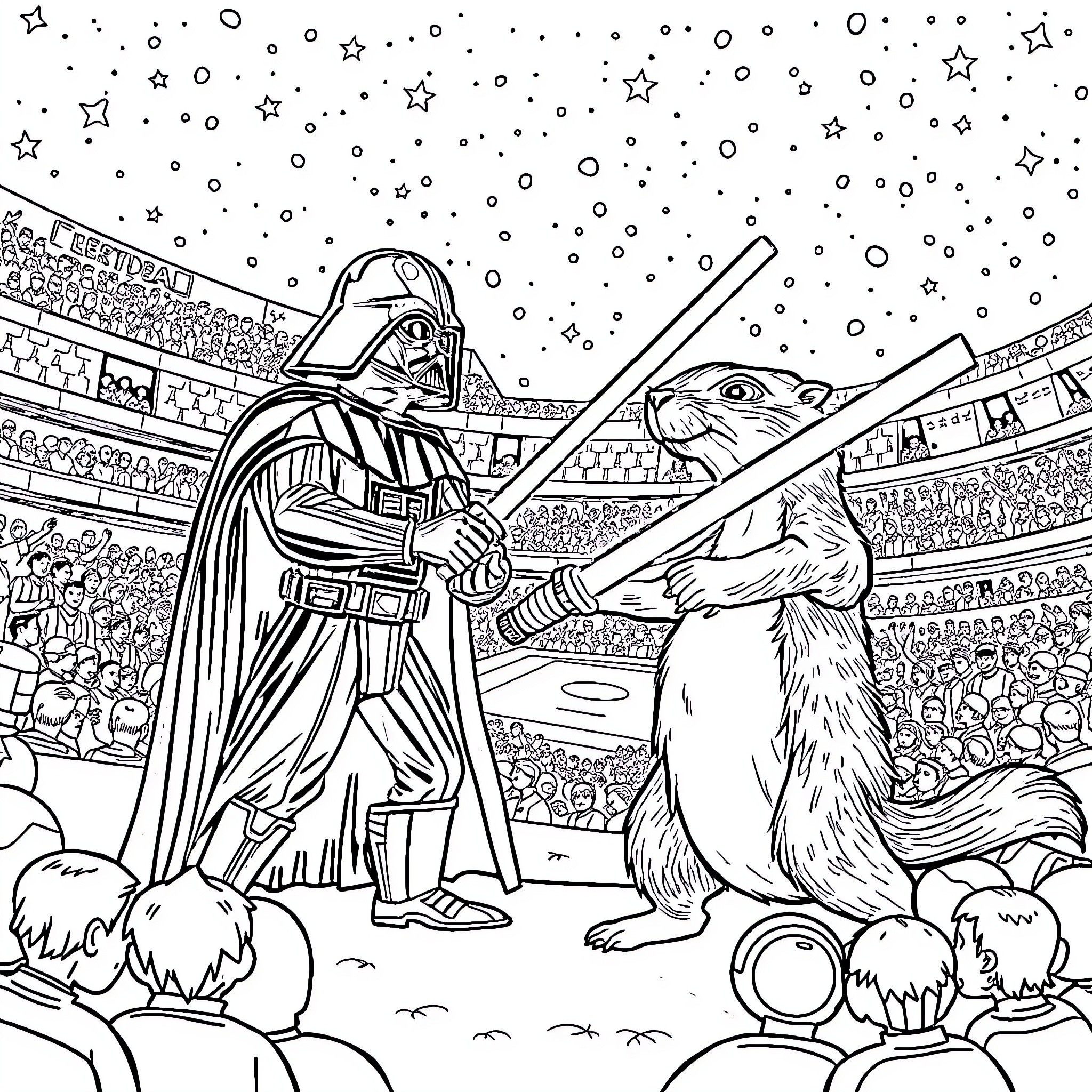 Gopher Baseball Match in a Cosmic Stadium Coloring Page (free black-and-white line drawing printable PDF for all, from beginners to advanced learners, including children, teens, adults, and seniors)