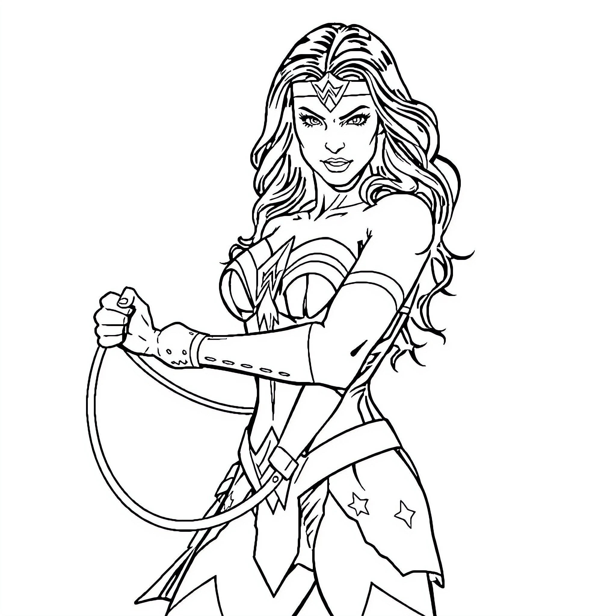 Wonder Woman in heroic pose with lasso Coloring Page (free black-and-white line drawing printable PDF for all, from beginners to advanced learners, including children, teens, adults, and seniors)