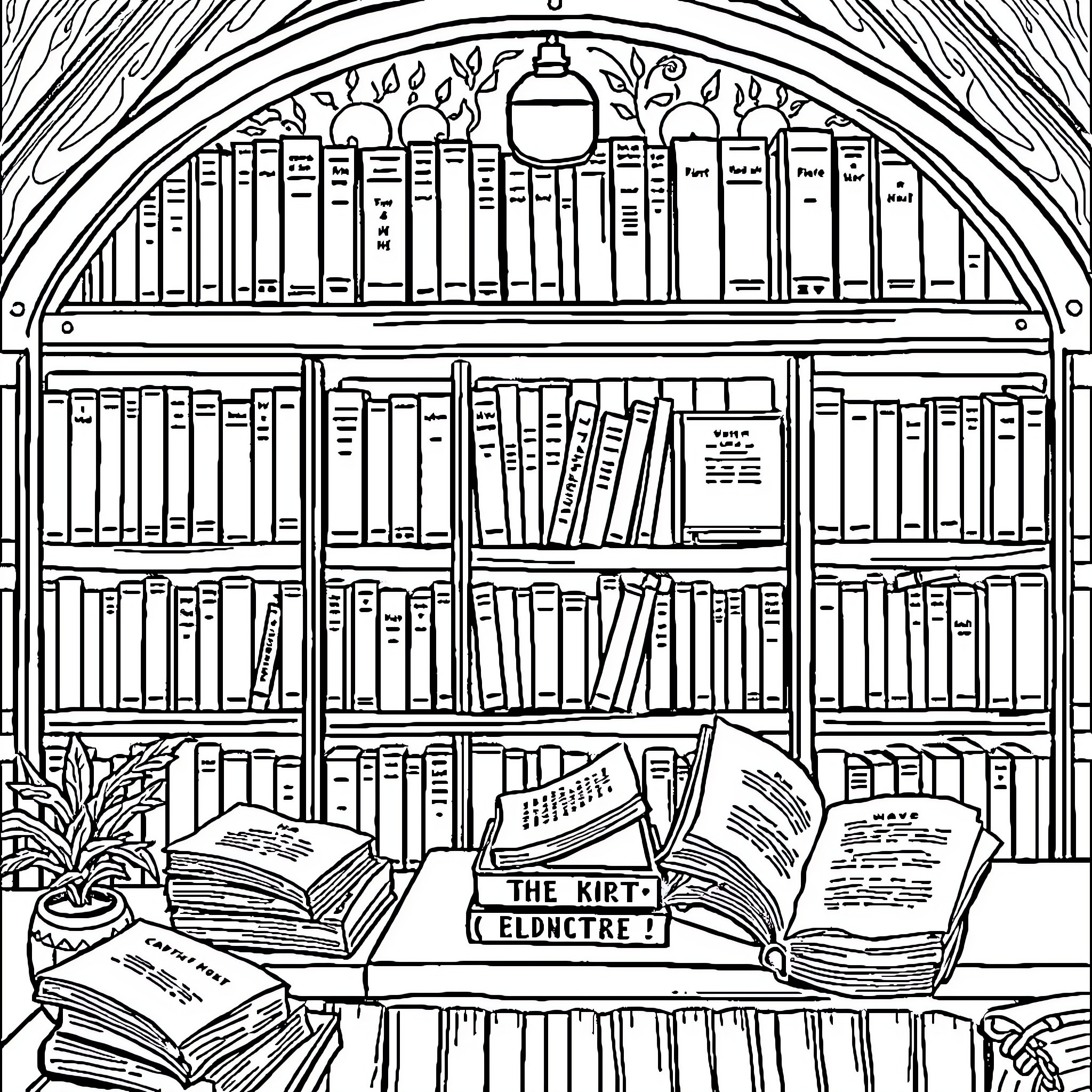 Library Filled with Books and Reading Nook Coloring Page (free black-and-white line drawing printable PDF for all, from beginners to advanced learners, including children, teens, adults, and seniors)
