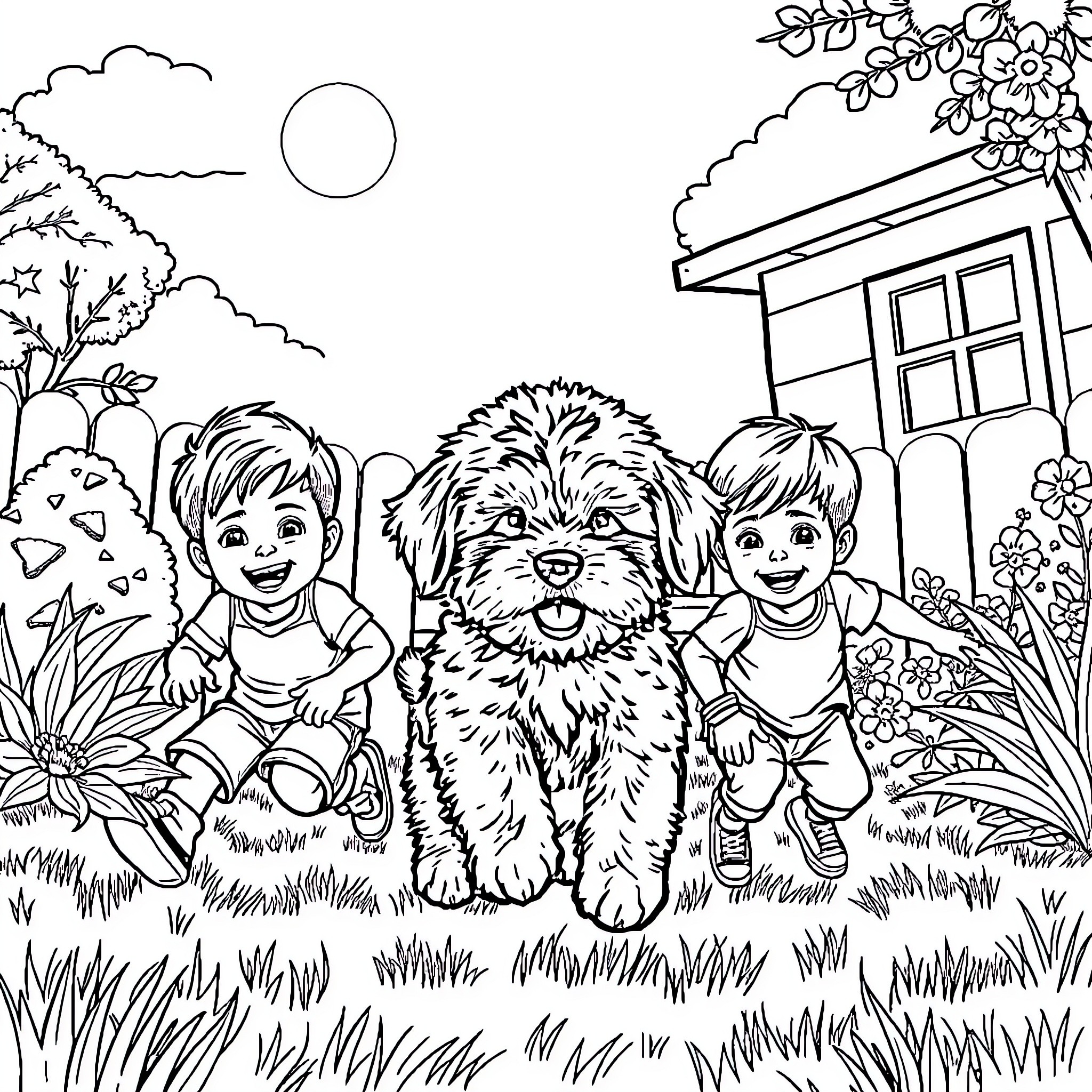 Cavapoo enjoying outdoor adventure with children Coloring Page (free black-and-white line drawing printable PDF for all, from beginners to advanced learners, including children, teens, adults, and seniors)