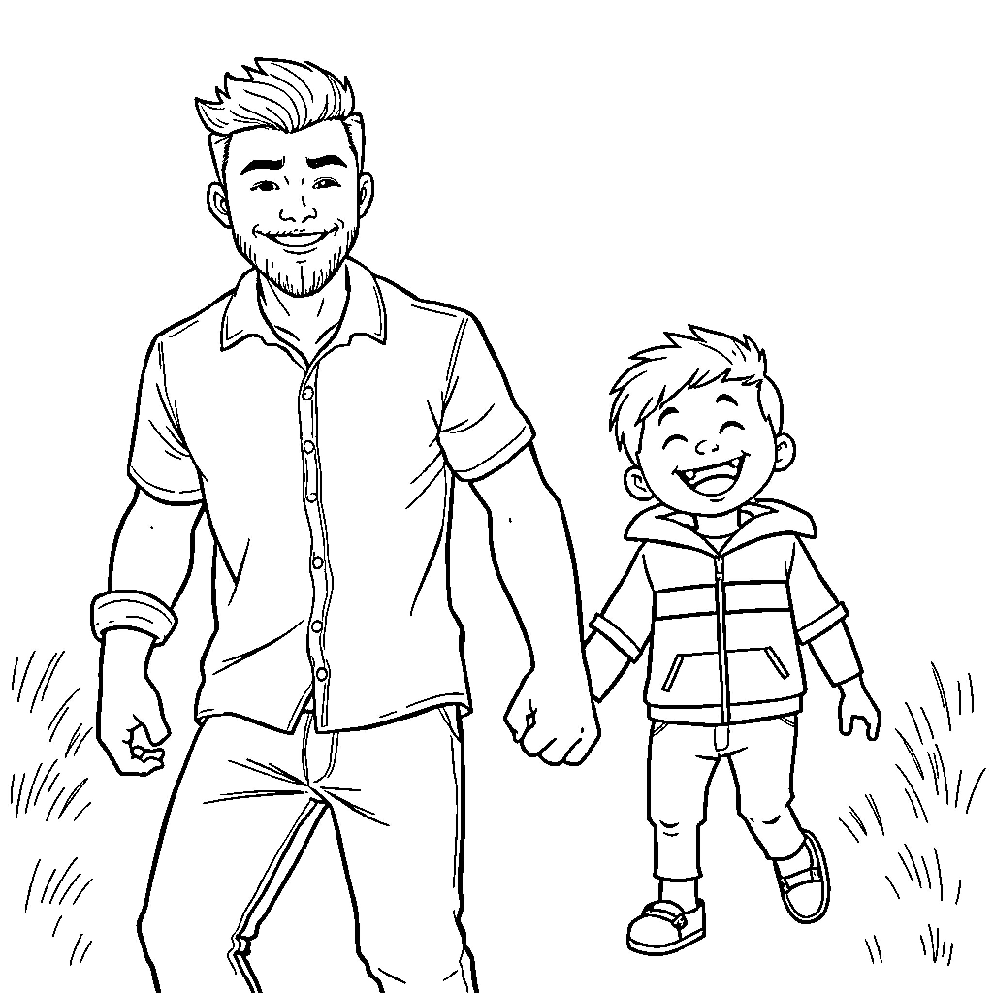 Daddy and son enjoying time together Coloring Page (free black-and-white line drawing printable PDF for all, from beginners to advanced learners, including children, teens, adults, and seniors)