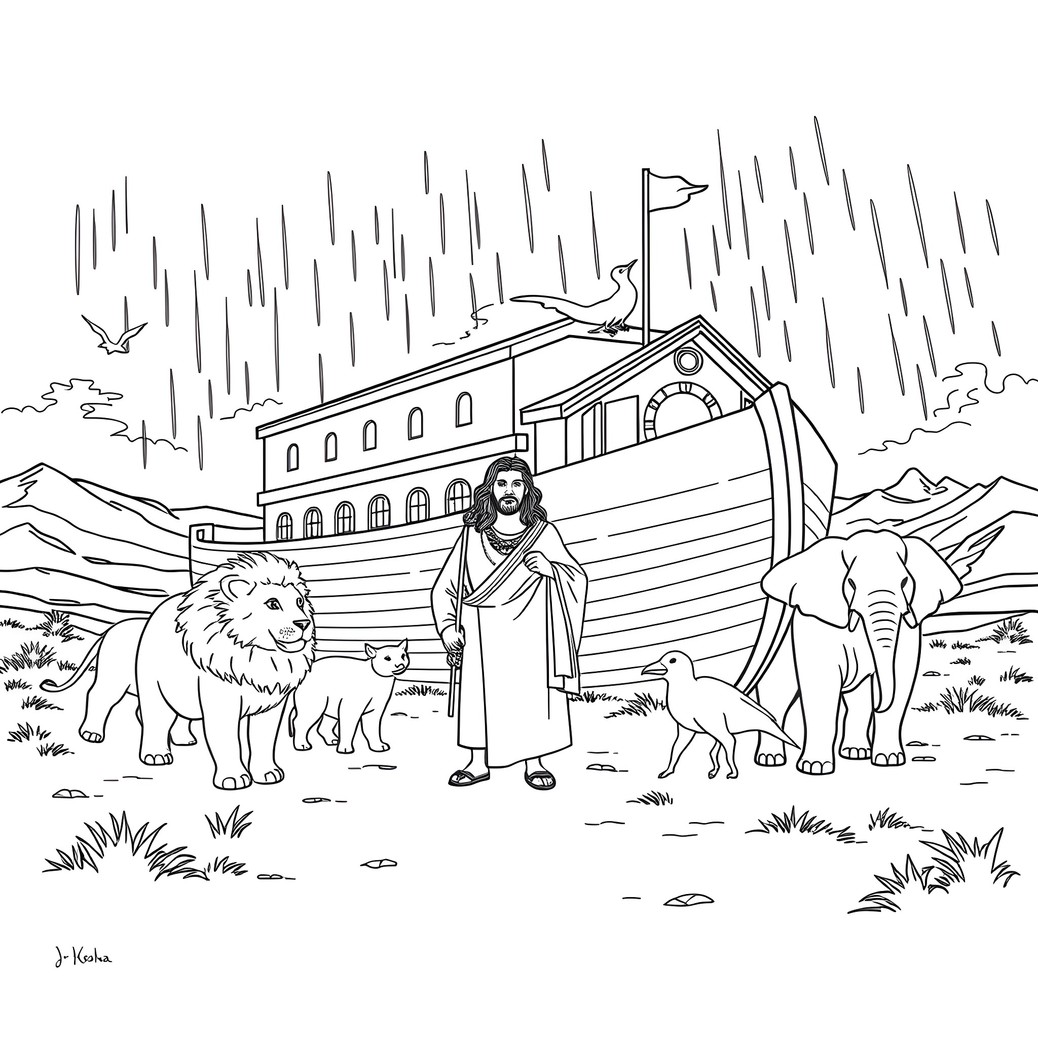 Noah and the animals on the ark during the rain Coloring Page (free black-and-white line drawing printable PDF for all, from beginners to advanced learners, including children, teens, adults, and seniors)