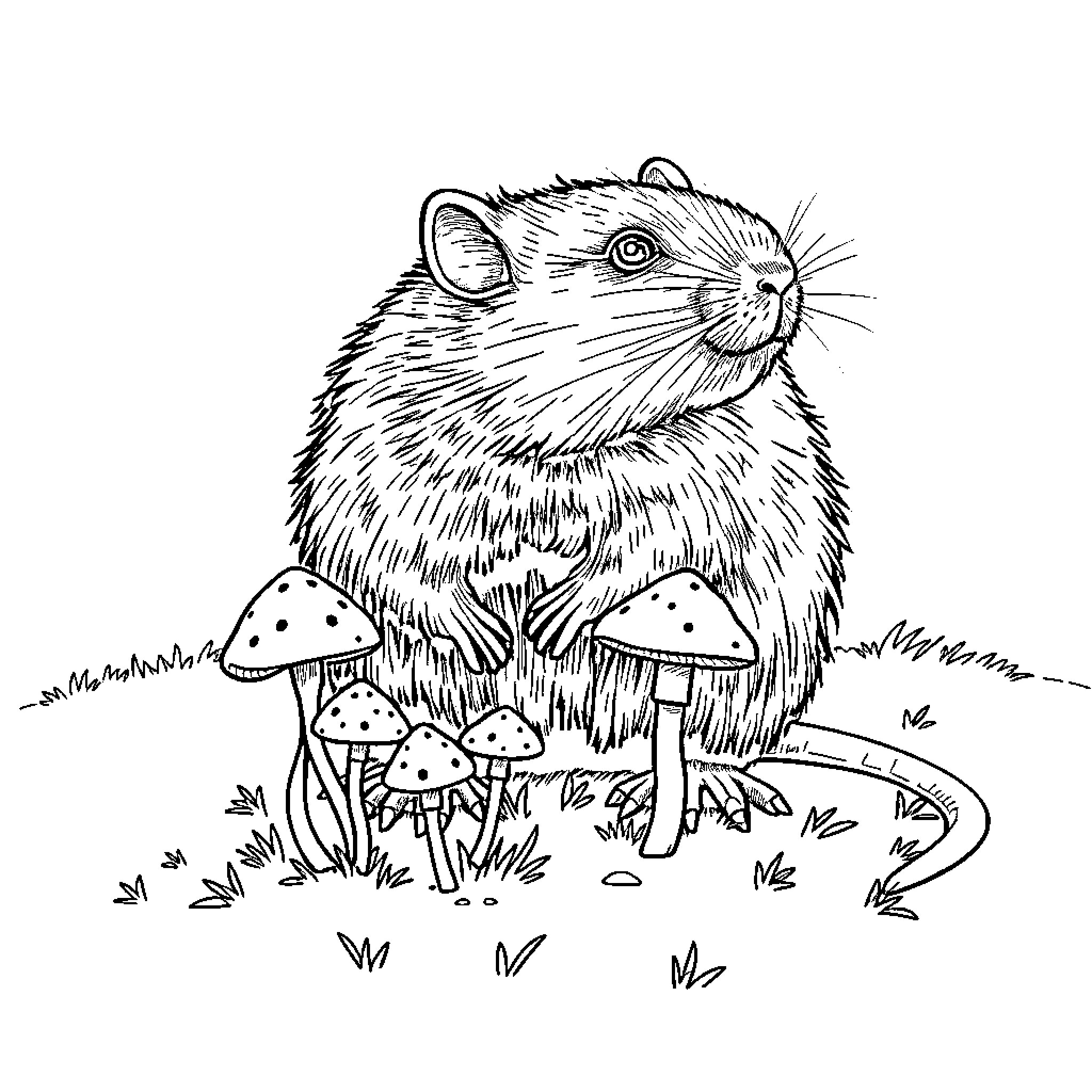 Rat enjoying mushrooms in nature Coloring Page (free black-and-white line drawing printable PDF for all, from beginners to advanced learners, including children, teens, adults, and seniors)