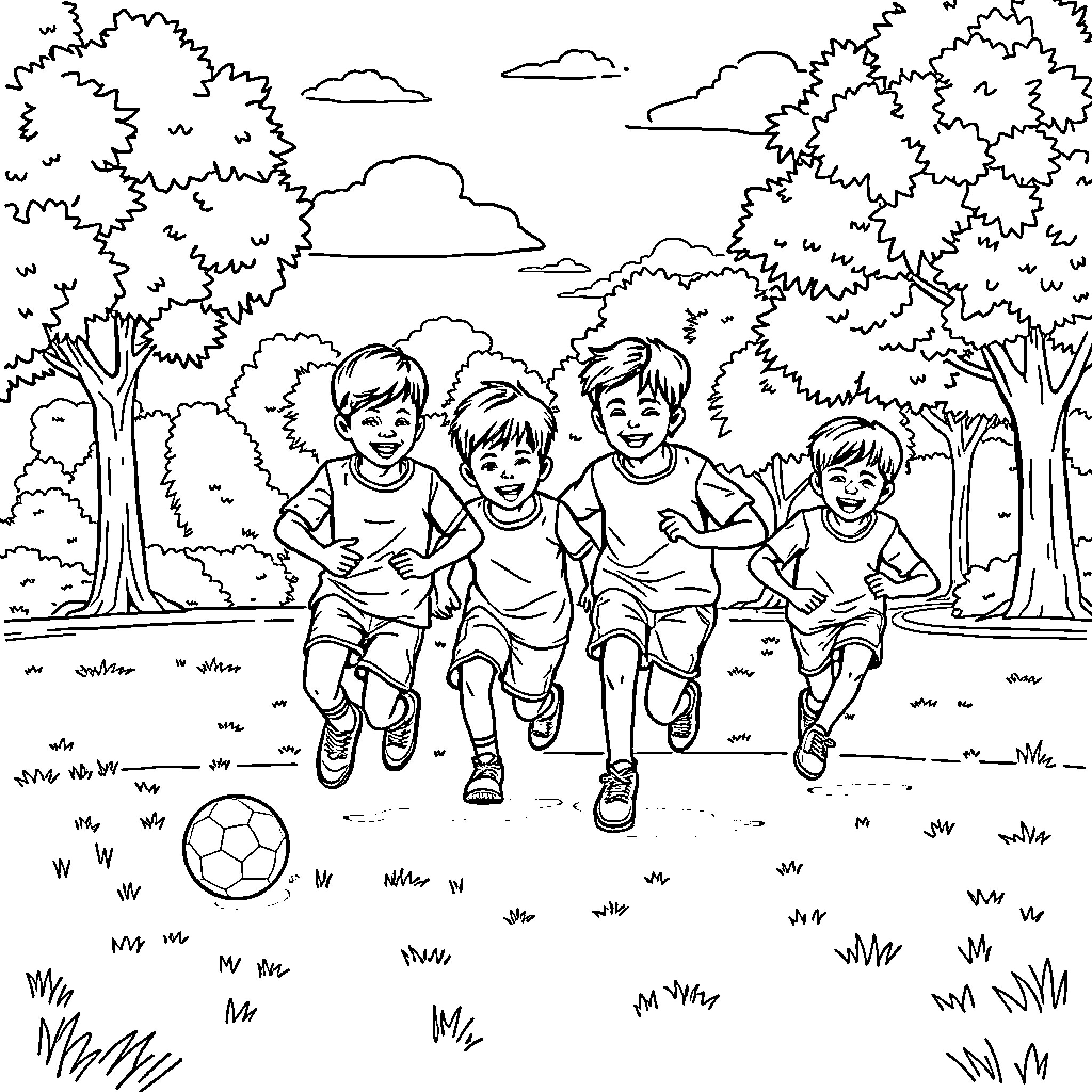 Brother's Lively Outdoor Play Coloring Page (free black-and-white line drawing printable PDF for all, from beginners to advanced learners, including children, teens, adults, and seniors)