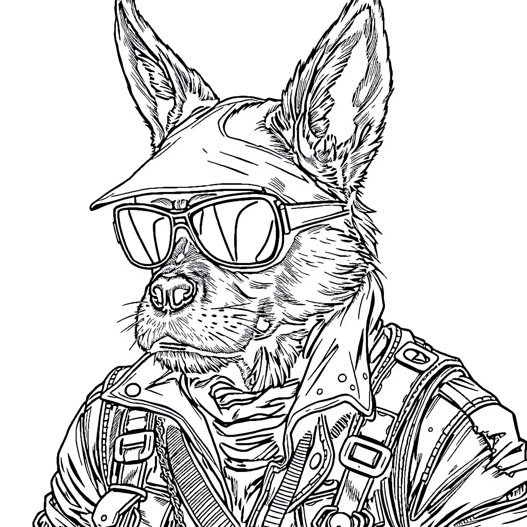 Bandit Fennec Fox in Futuristic Gear Coloring Page (free black-and-white line drawing printable PDF for all, from beginners to advanced learners, including children, teens, adults, and seniors)
