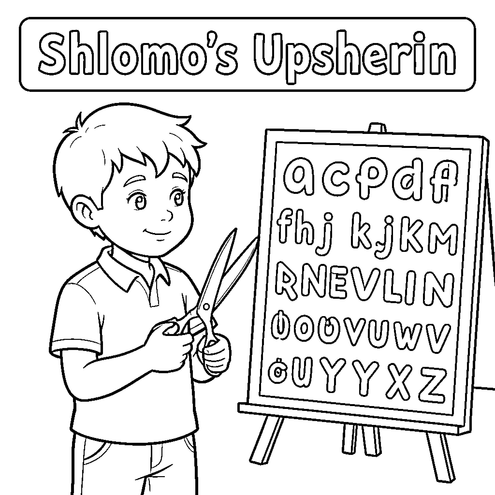 Upsherin Boy Cutting Hair in Front of Alphabet Board Coloring Page (free black-and-white line drawing printable PDF for all, from beginners to advanced learners, including children, teens, adults, and seniors)