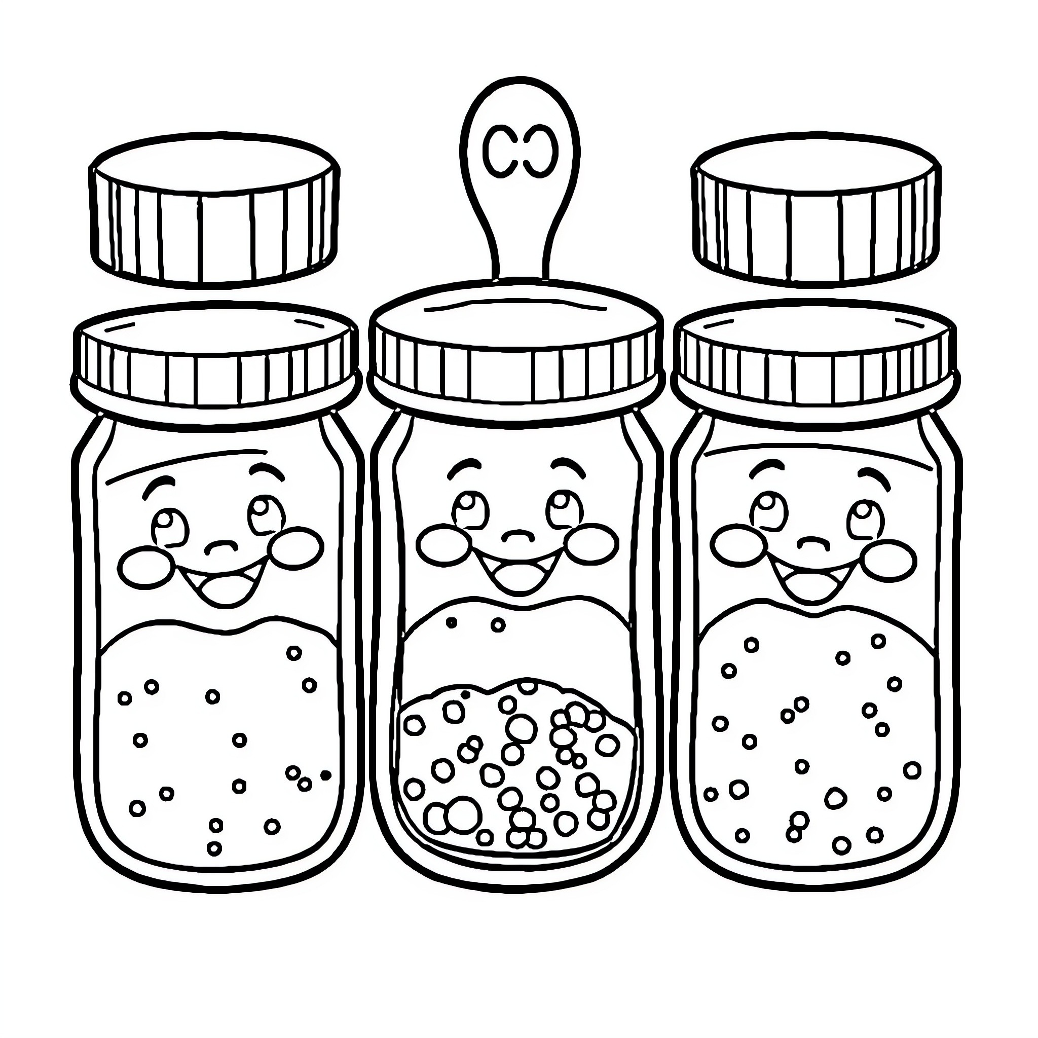 Seasoning Jars with Whimsical Expressions Coloring Page (free black-and-white line drawing printable PDF for all, from beginners to advanced learners, including children, teens, adults, and seniors)