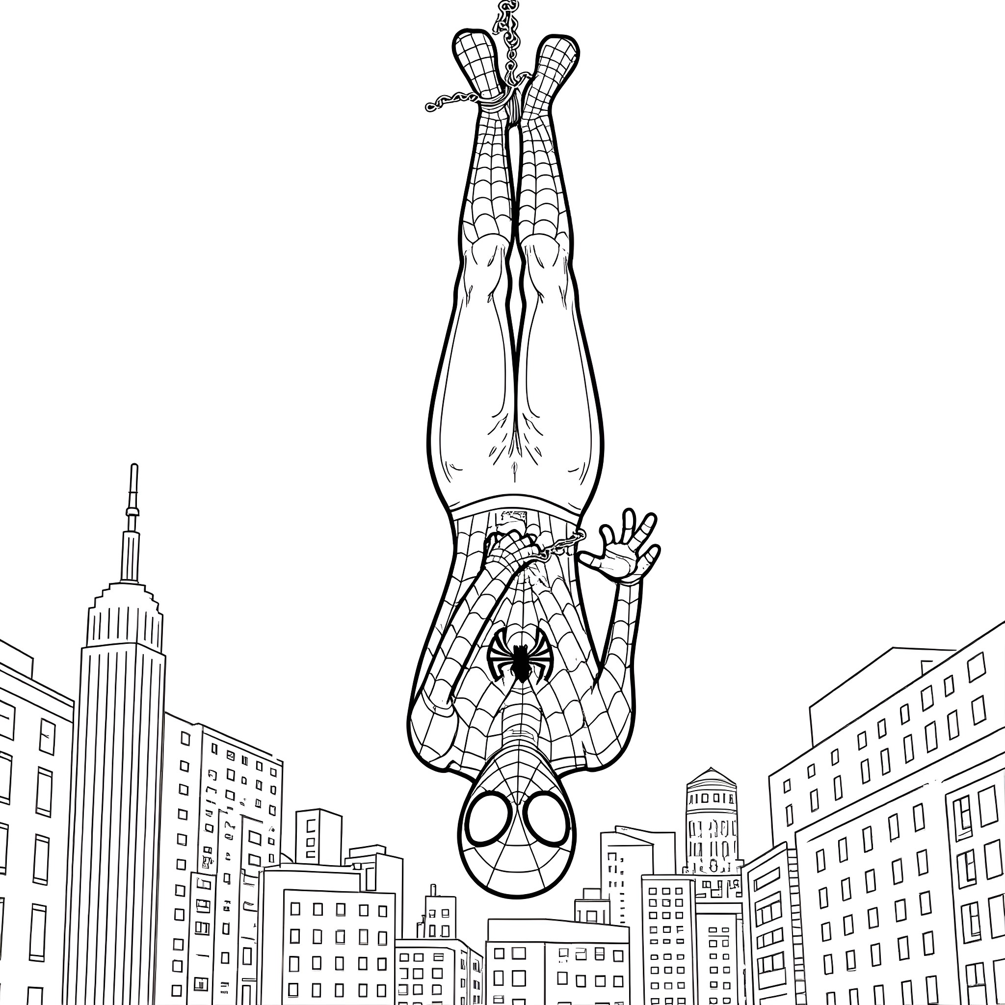 Miles Morales swinging through the city Coloring Page (free black-and-white line drawing printable PDF for all, from beginners to advanced learners, including children, teens, adults, and seniors)