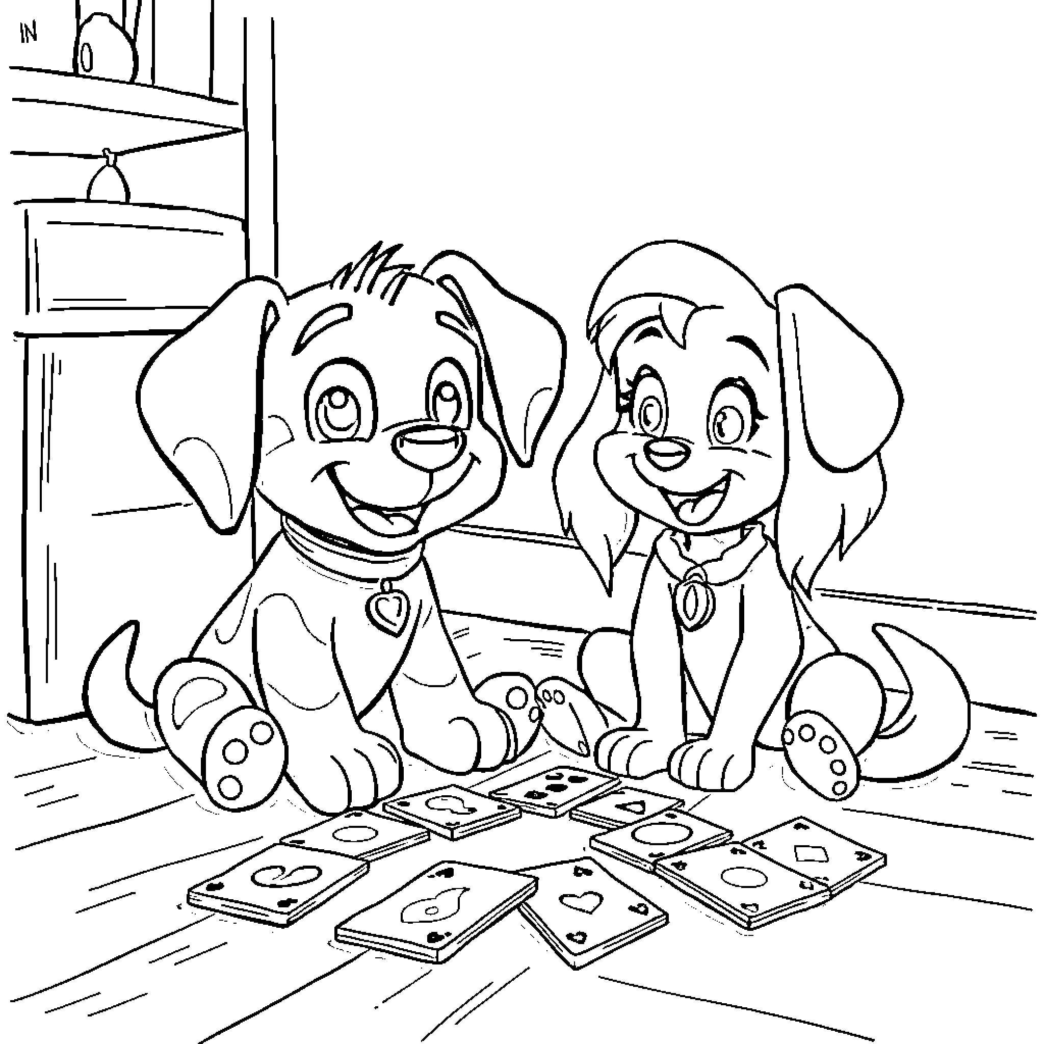 Rubble and Skye playing with cards Coloring Page (free black-and-white line drawing printable PDF for all, from beginners to advanced learners, including children, teens, adults, and seniors)