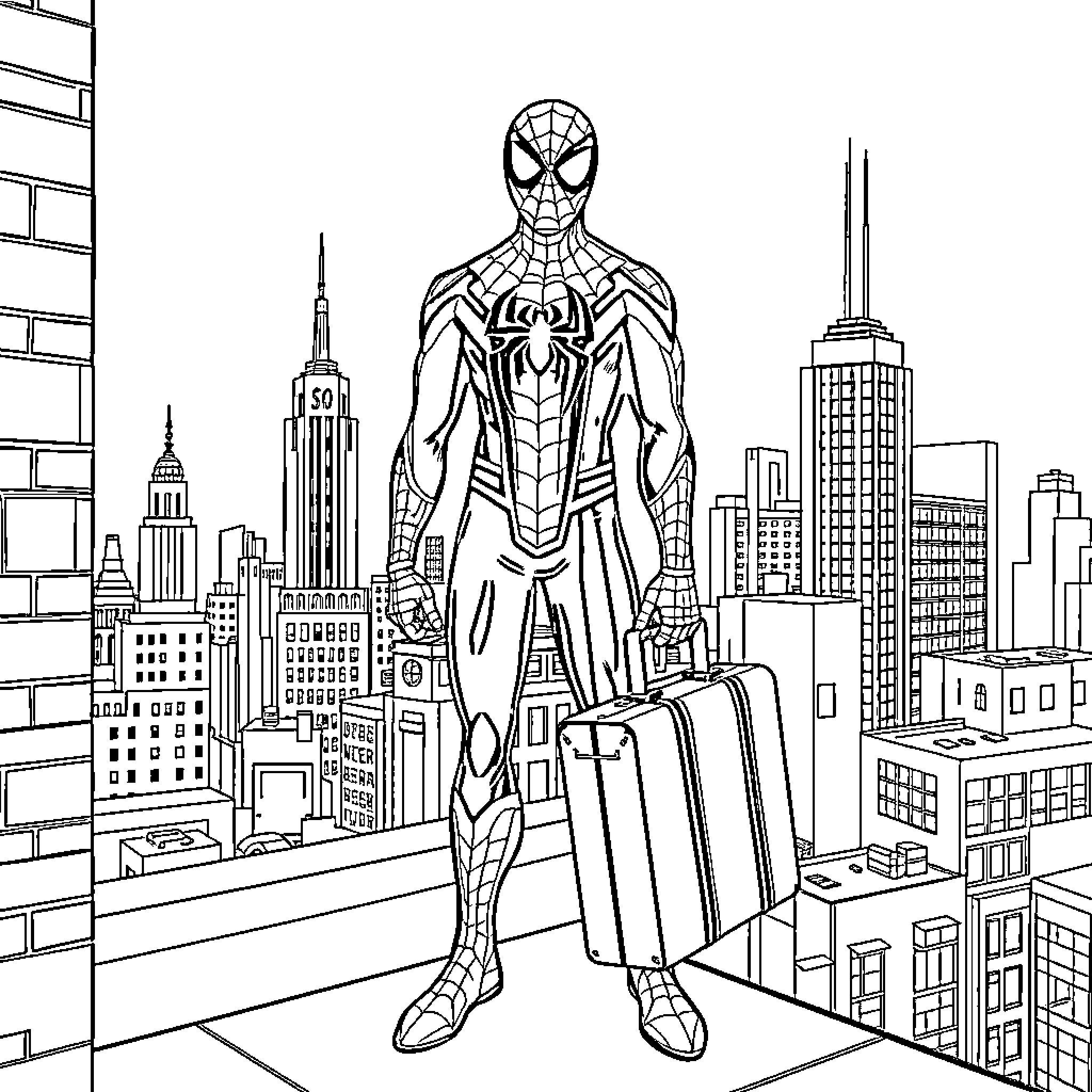 Spiderman standing on city skyline Coloring Page (free black-and-white line drawing printable PDF for all, from beginners to advanced learners, including children, teens, adults, and seniors)