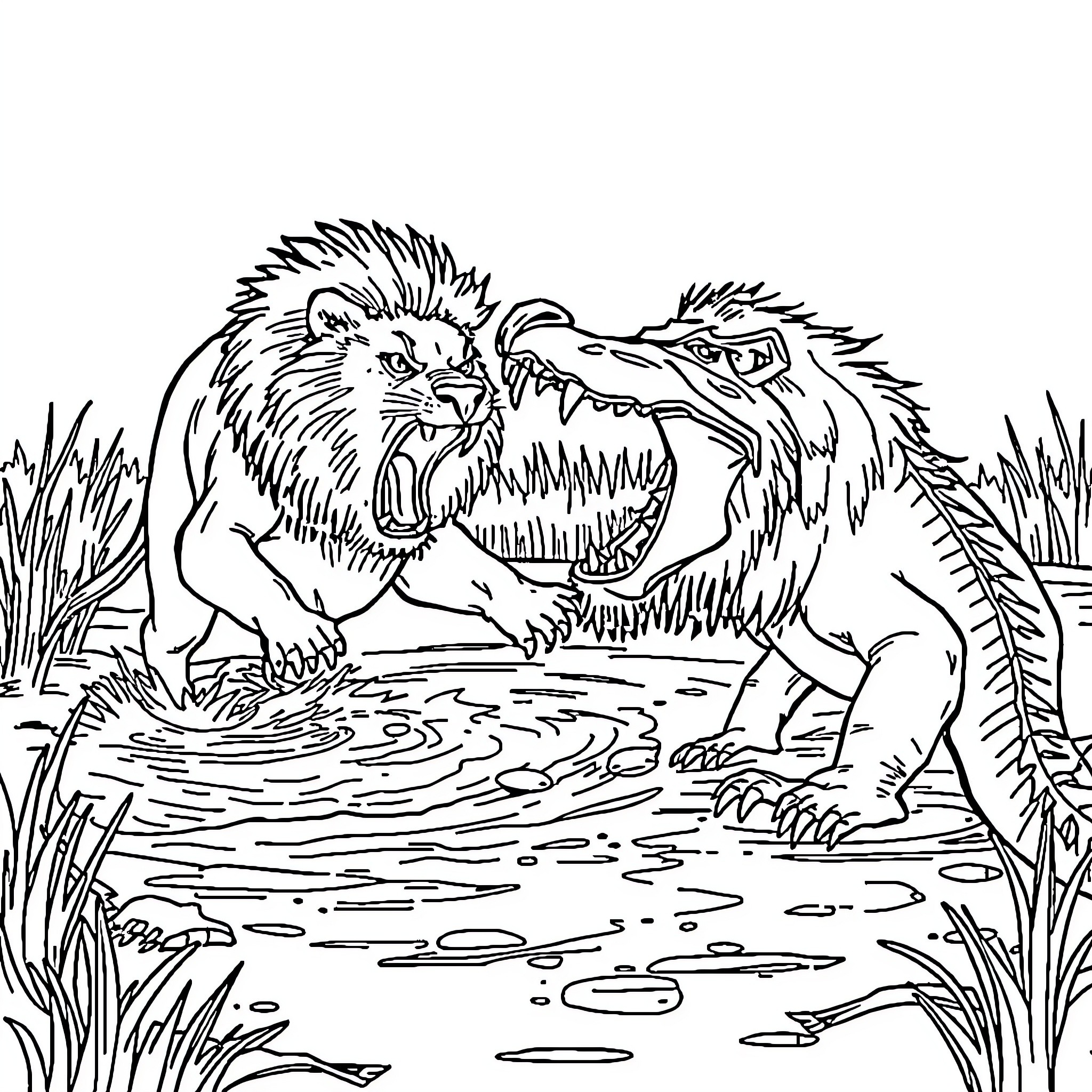 Lion roaring fiercely in the wild Coloring Page (free black-and-white line drawing printable PDF for all, from beginners to advanced learners, including children, teens, adults, and seniors)