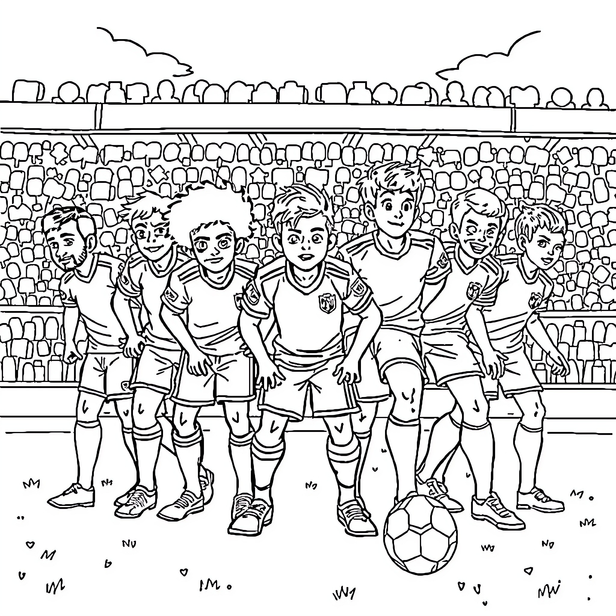 Team of young soccer players on the field Coloring Page (free black-and-white line drawing printable PDF for all, from beginners to advanced learners, including children, teens, adults, and seniors)
