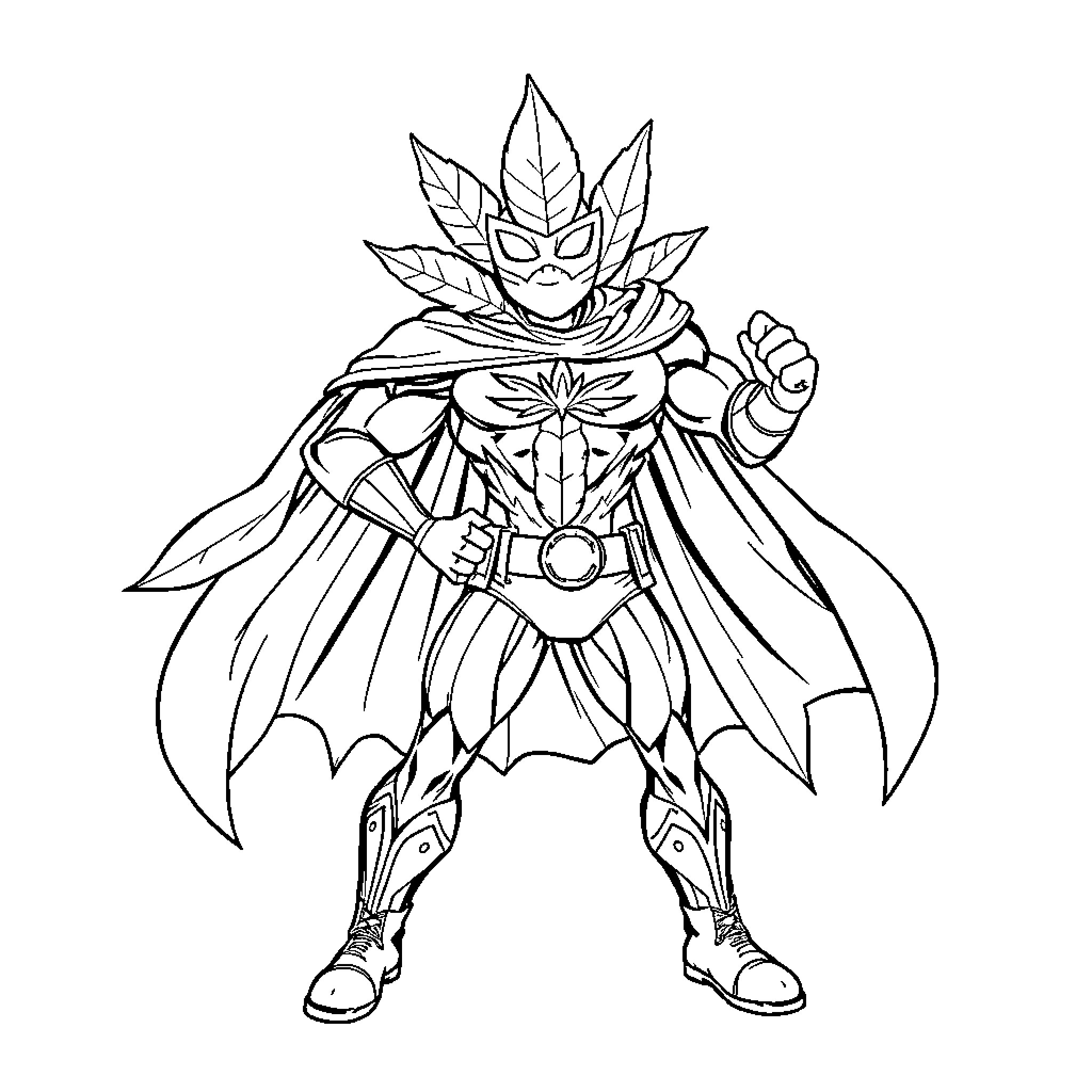 Cannabis-themed superhero character in action pose Coloring Page (free black-and-white line drawing printable PDF for all, from beginners to advanced learners, including children, teens, adults, and seniors)